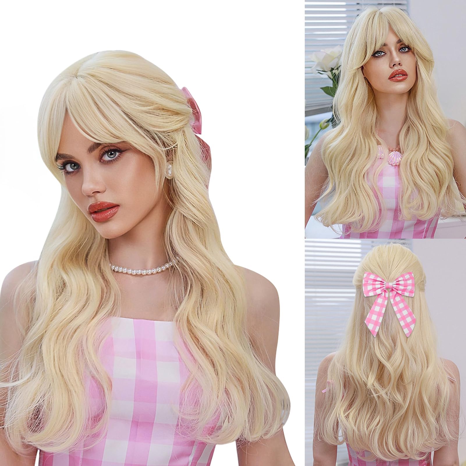 Parrucca Bionda Donna,Lunga Parrucca Donna,Lungo Ondulato Parrucche Bionda per le Donne con Retina per Capelli e Fiocco,Cosplay Lunga Capelli Ricci Della Signora Di Modo Festa Parrucche | Lungo Ondulato Parrucche Bionda per le Donne con Retina per Capelli