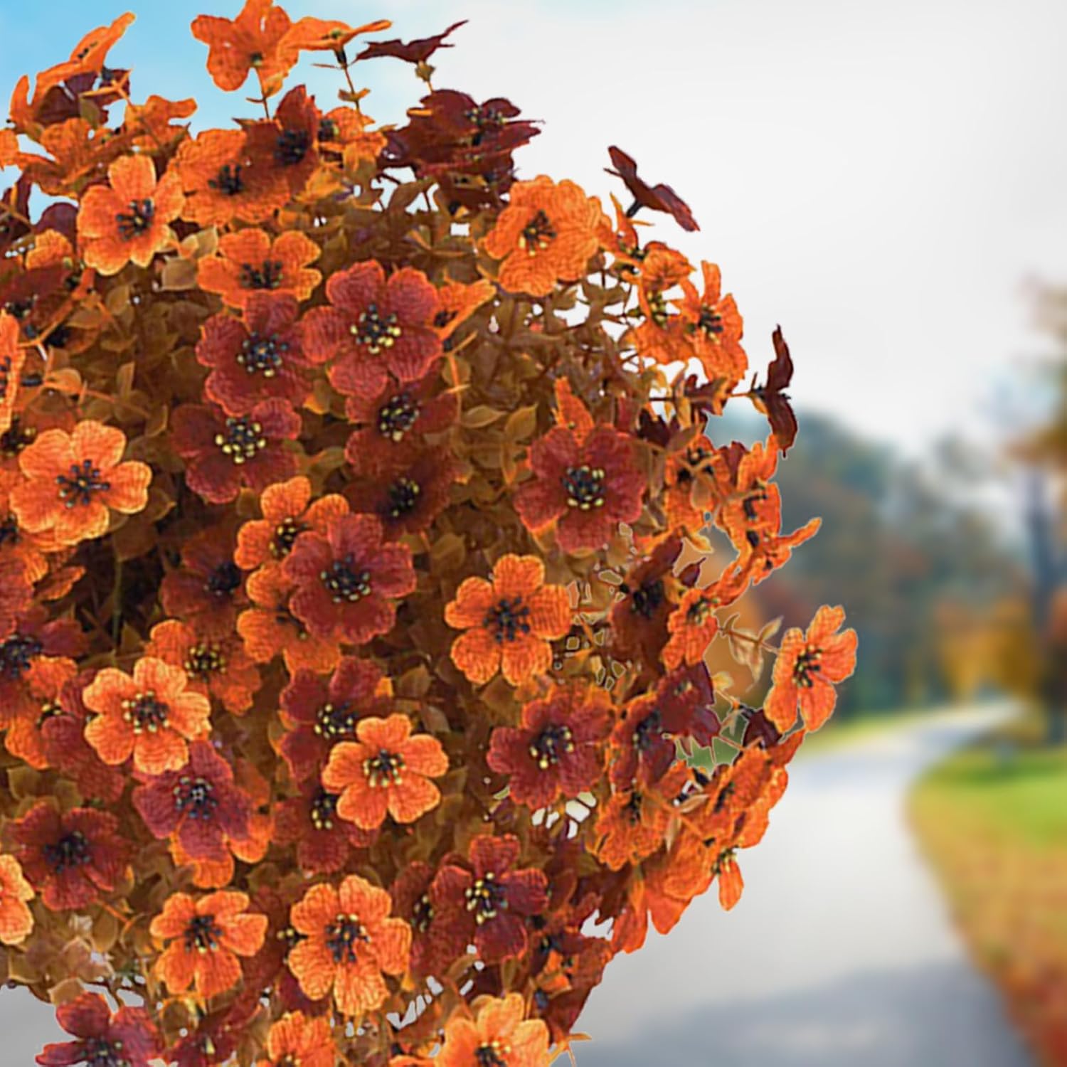 Fall Artificial Boxwood Topiary Ball Trees with Mums Flowers Set of 2,UV Resistant Orange Faux Shrubs Outdoor with Spike,Autumn Fake Potted Plants for Front Porch Garden Yard Decor 23.7"