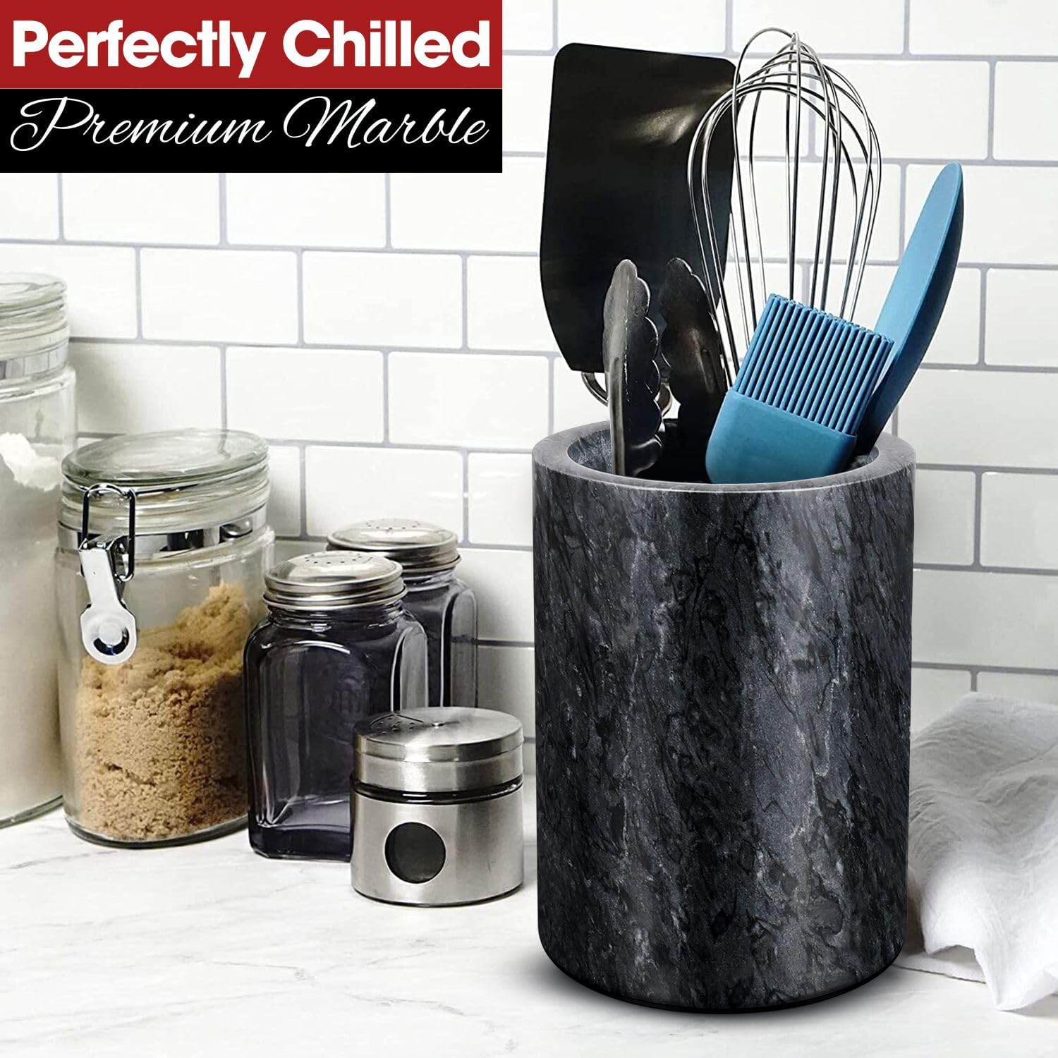 Flexzion Marble Wine Chillers for Bottles - Champagne Cooler & Multi-Purpose Marble Utensil Holder for Kitchen - Adaptable Stone Wine Bottle Chiller Bucket for Party, Bar, Home Decor, Black - Image 3