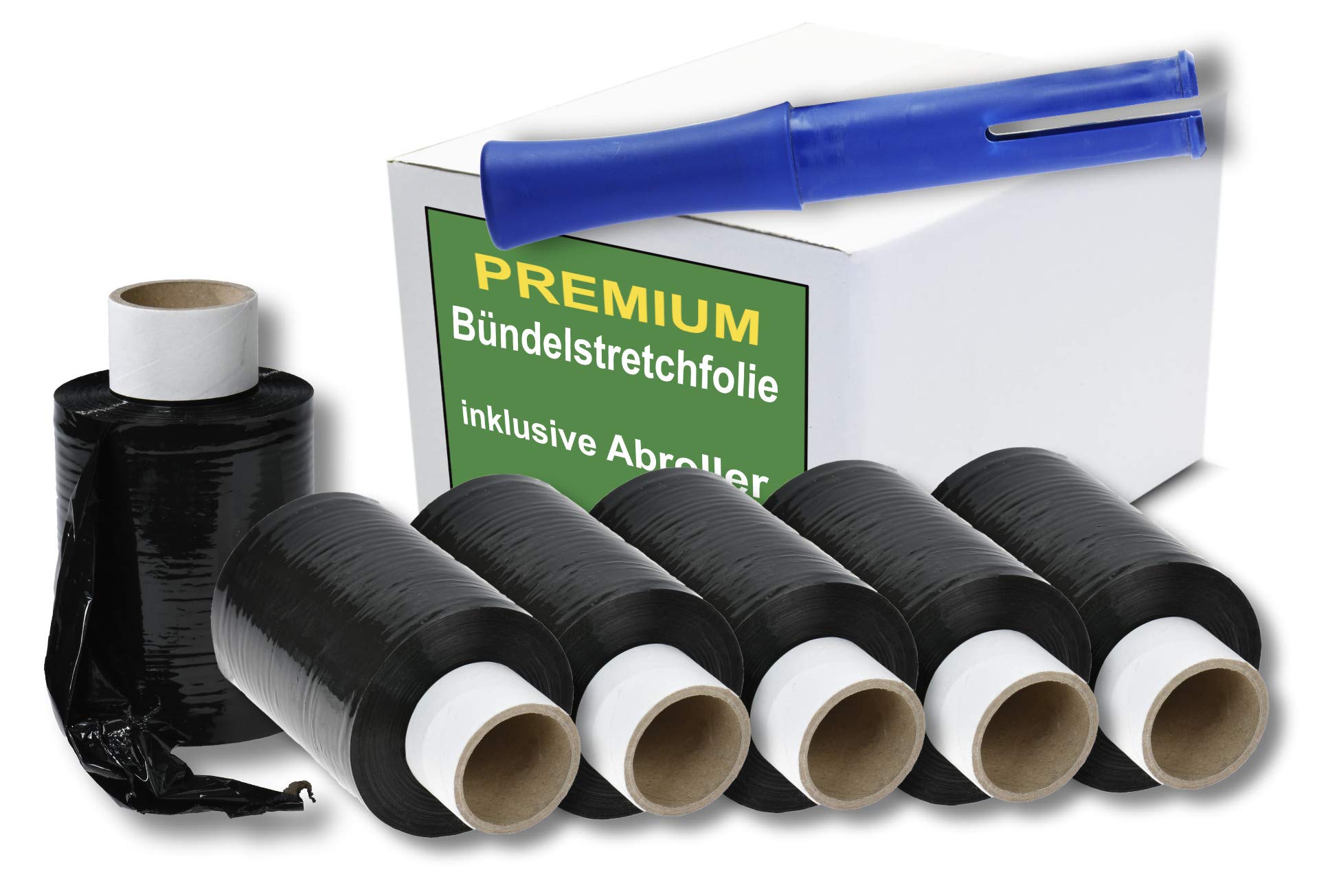 Lot de 40 rouleaux de film étirable – 100 mm de large – 150 m par rouleau – Film étirable en plastique transparent résistant et indéchirable (noir, 40 rouleaux + 1 dérouleur)