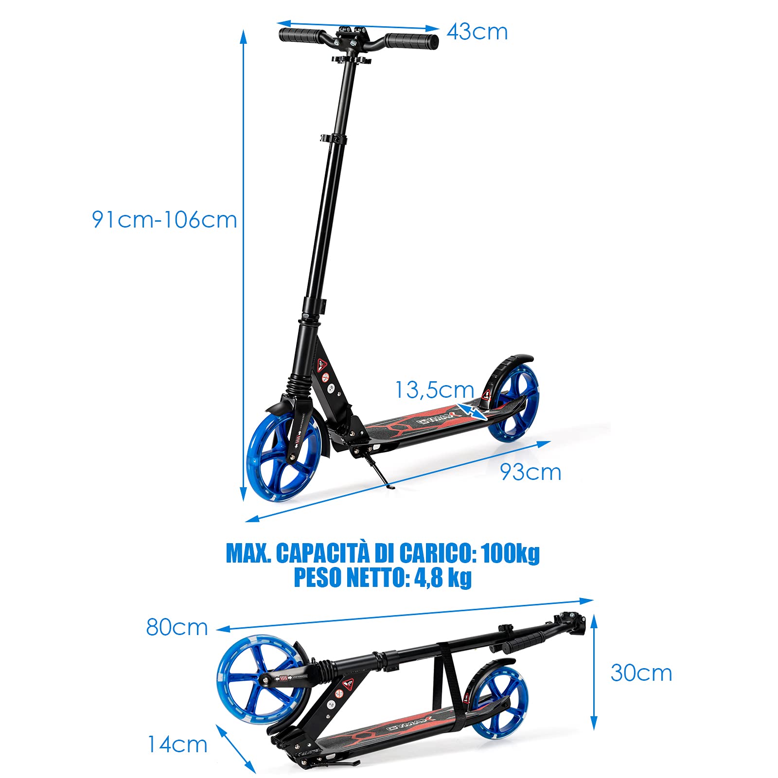 COSTWAY Scooter Monopattino a Spinta per Bambini Pieghevole e Regolabile in Altezza (91-106 cm), con Ruote Luminose e Cavalletto, Carico Massimo 100kg