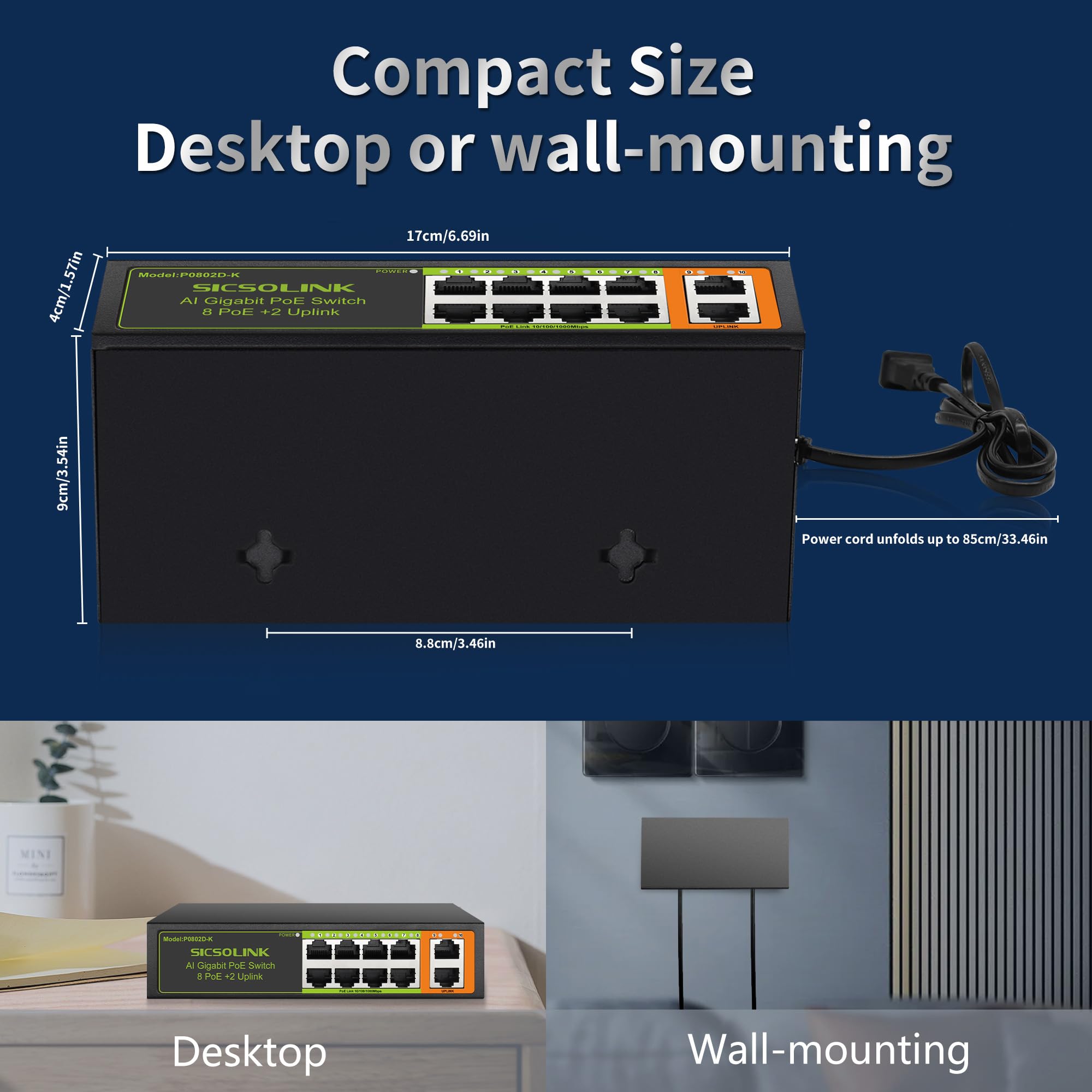 Switch PoE+ Gigabit a 10 porte, 8 PoE+, 2 Uplink, 120 W non