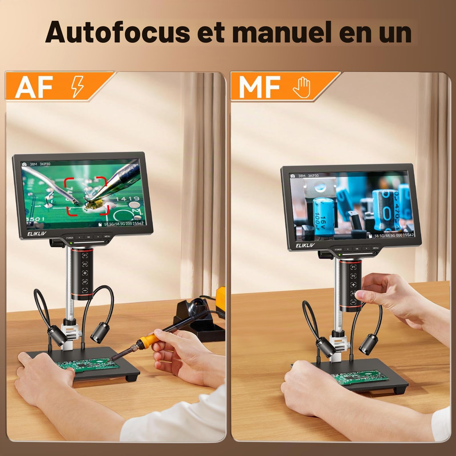 Elikliv Microscope Numérique 3K Autofocus EM3K-AF Max, Microscope à Pièces de Monnaie de 10.1", HDMI 38MP, Loupe Professionnel 2000X pour Pièces et Soudure, LCD pour Adultes, 64G