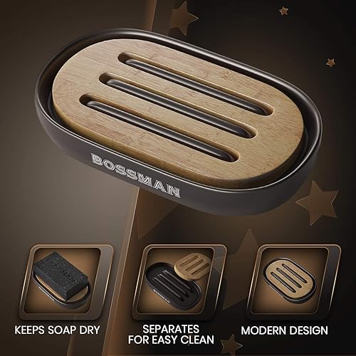 Vista 3 de Bossman Jabonera - Soporte para barra de jabón para baño y ducha, base de cerámica de primera calidad, bandeja de jabón de bambú natural extraíble