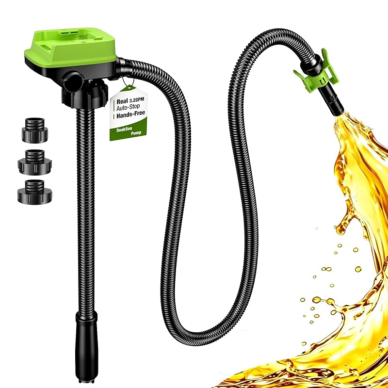 Bomba elétrica automática de transferência de combustível SoakSea para baterias DeWalt 20V e Milwaukee 18V, com parada automática, mangueira de 137,2 cm e 3 adaptadores