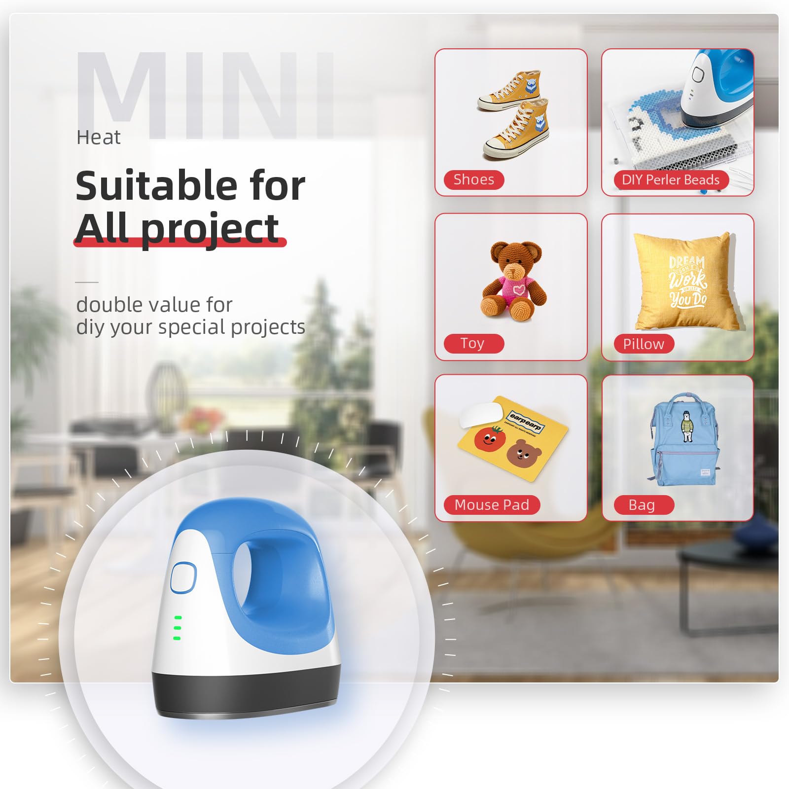Mini pressa di trasferimento 2.0 generazione blu-bianco, pressa a caldo precisa con spegnimento automatico e cavo da 1,7 m per magliette, scarpe e progetti HTV fai da te, incluso tappetino in silicone