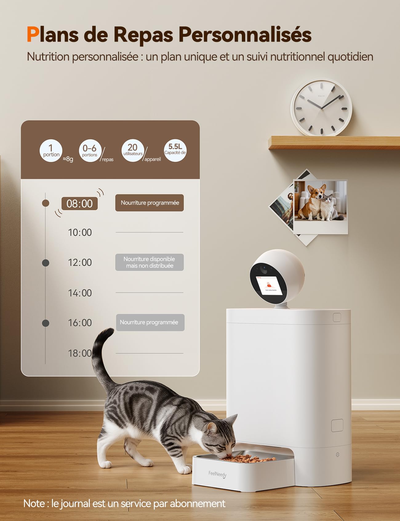 FEELNEEDY 5.5L Distributeur Croquettes Chat Automatique avec HD 3MP 360°Caméra, Wi-FI 2.4G/5G IA Distributeur Croquettes Chien avec Vision Nocturne, Audio Bidirectionnel, Écran IPS & APP Contrôle