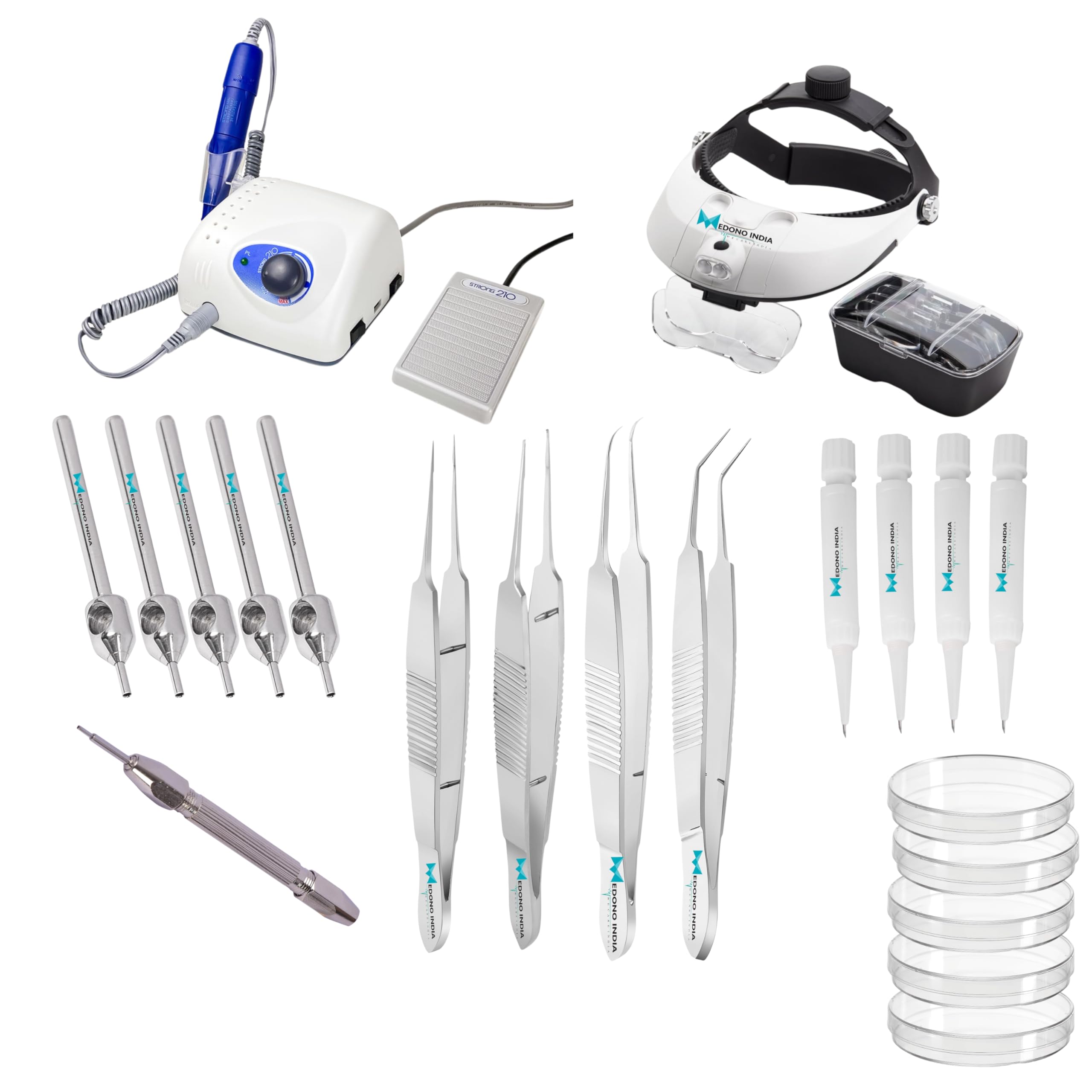 Premium Hair Transplant Kit with Micro Motor, Fue Punch, Implanter Pen, Forceps Set, Petri Dish, Punch Holder Head Magnifying Loupe Premium Hair Transplant KIt
