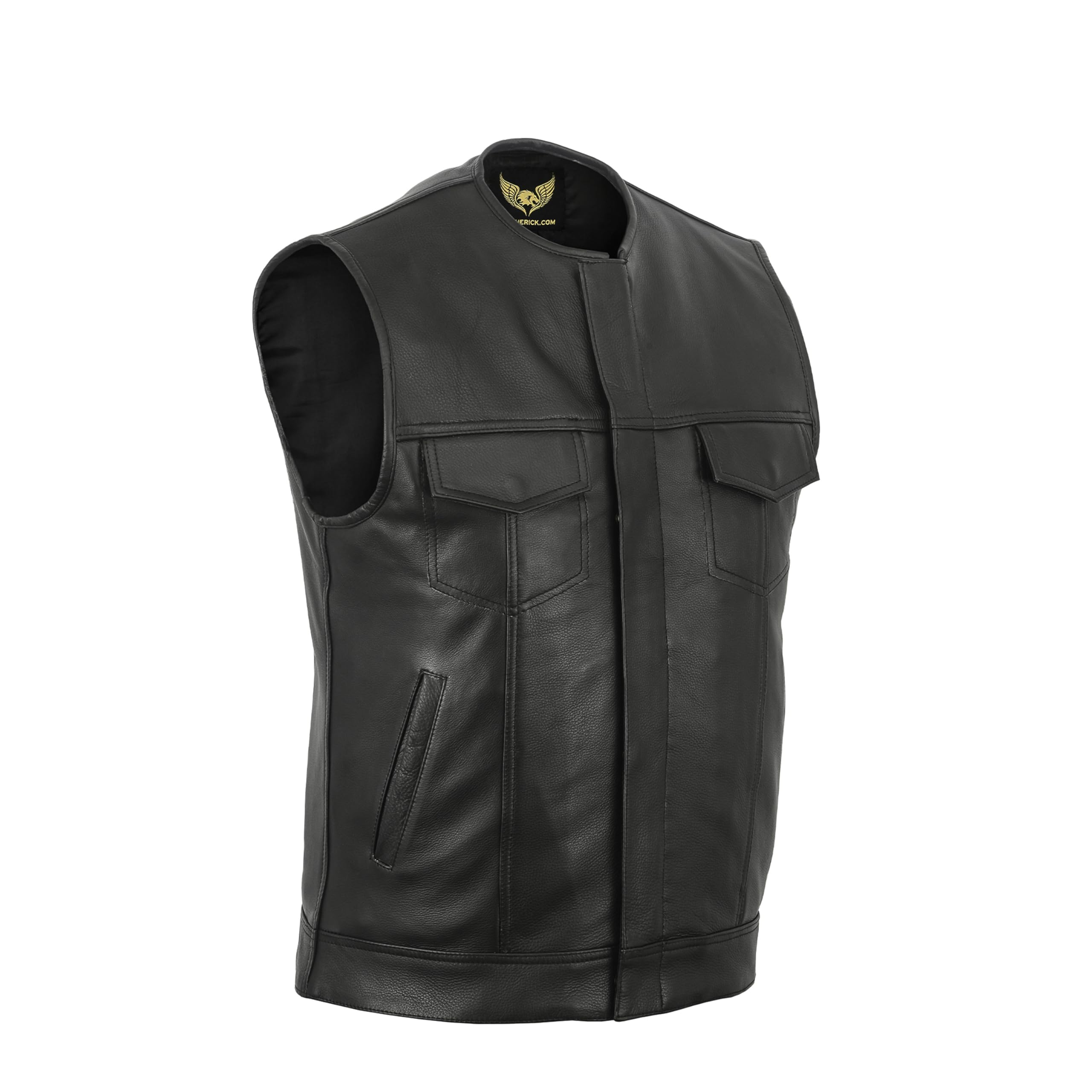 Leatherick SOA Gilet da motociclista in vera pelle da uomo senza colletto per motociclismo e moda, con tasche profonde