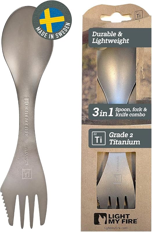 Spork de titanio para acampar, cuchara, tenedor, cuchillo, combo de utensilios reutilizables para viajes y campamentos, irrompible, no tóxico, sin BPA, para mochileros al aire libre, senderismo, picnic, 1 tenedor de metal
