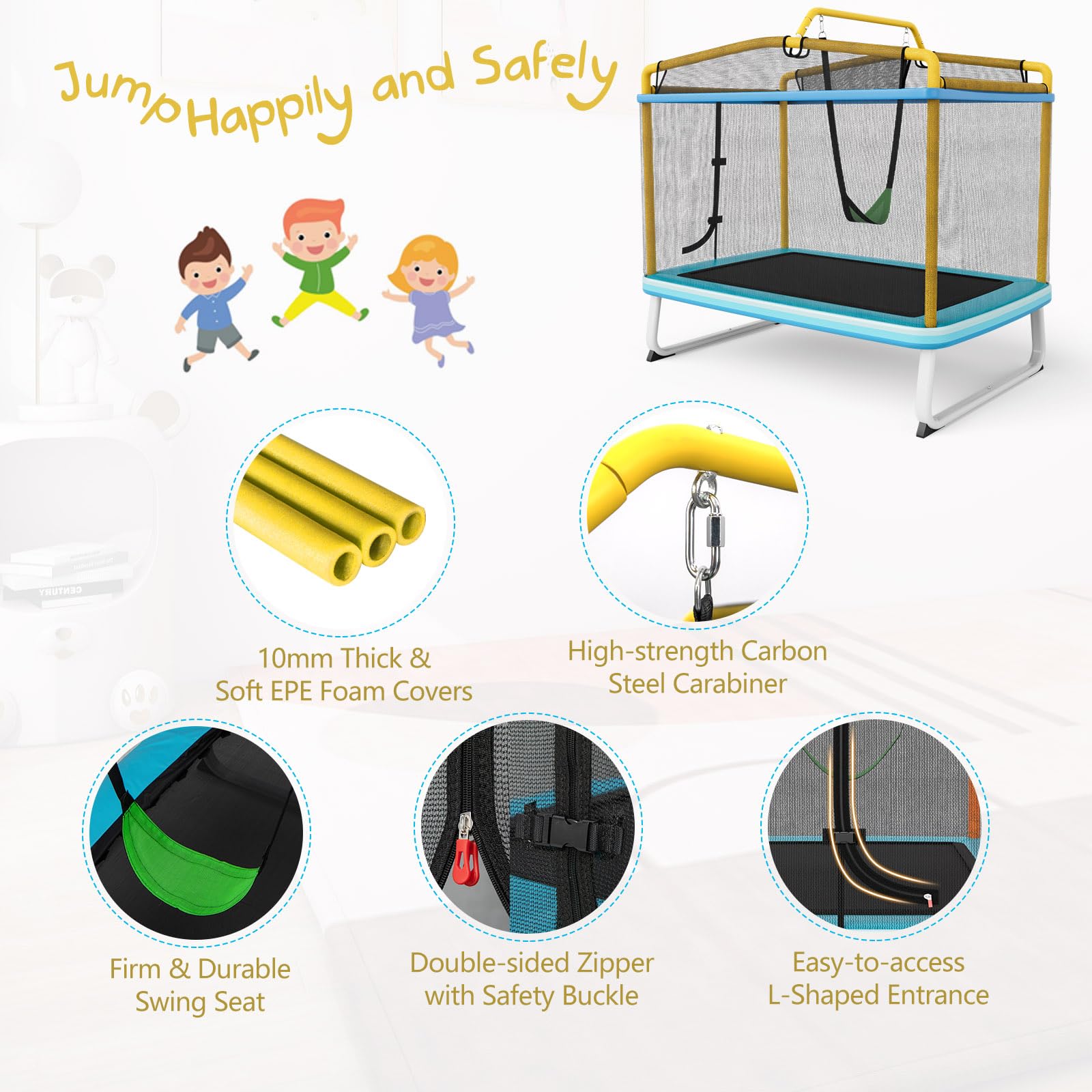 KOMFOTTEU Trampolino per Bambini 3-8 Anni, Tappeto Elastico Bambini 3 in 1 con Altalena Rimovibile e Barra Orizzontale, Saltarello da Esterno e Interno, Portato 110 kg, 190 x 124 x 172 cm