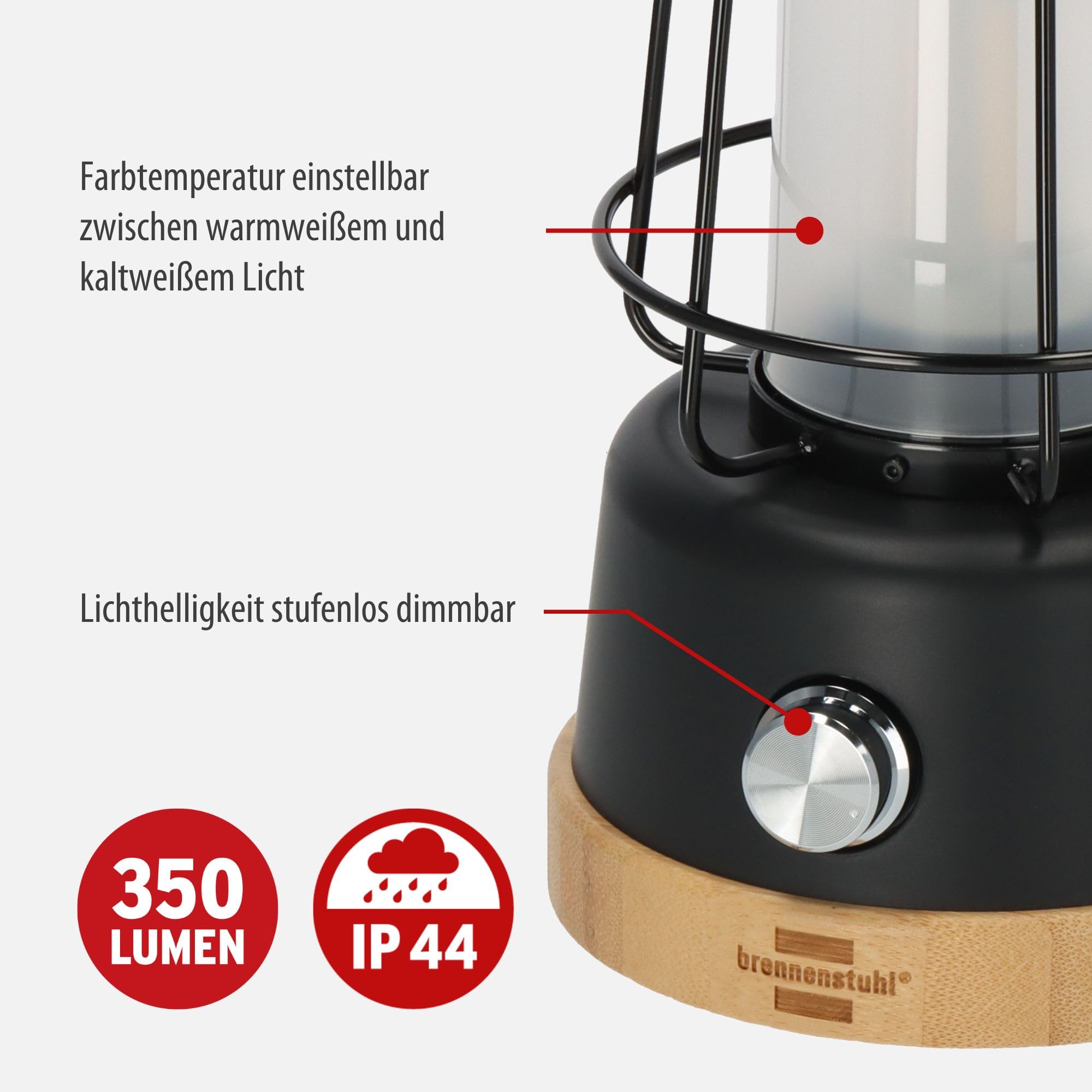 Brennenstuhl Lanterna da campeggio ricaricabile a LED Cal 1 AC (350lm, IP44, durata della luce fino a 75h, dimmerabile, ricaricabile USB C, luce esterna con corda di canapa e base in bambù)