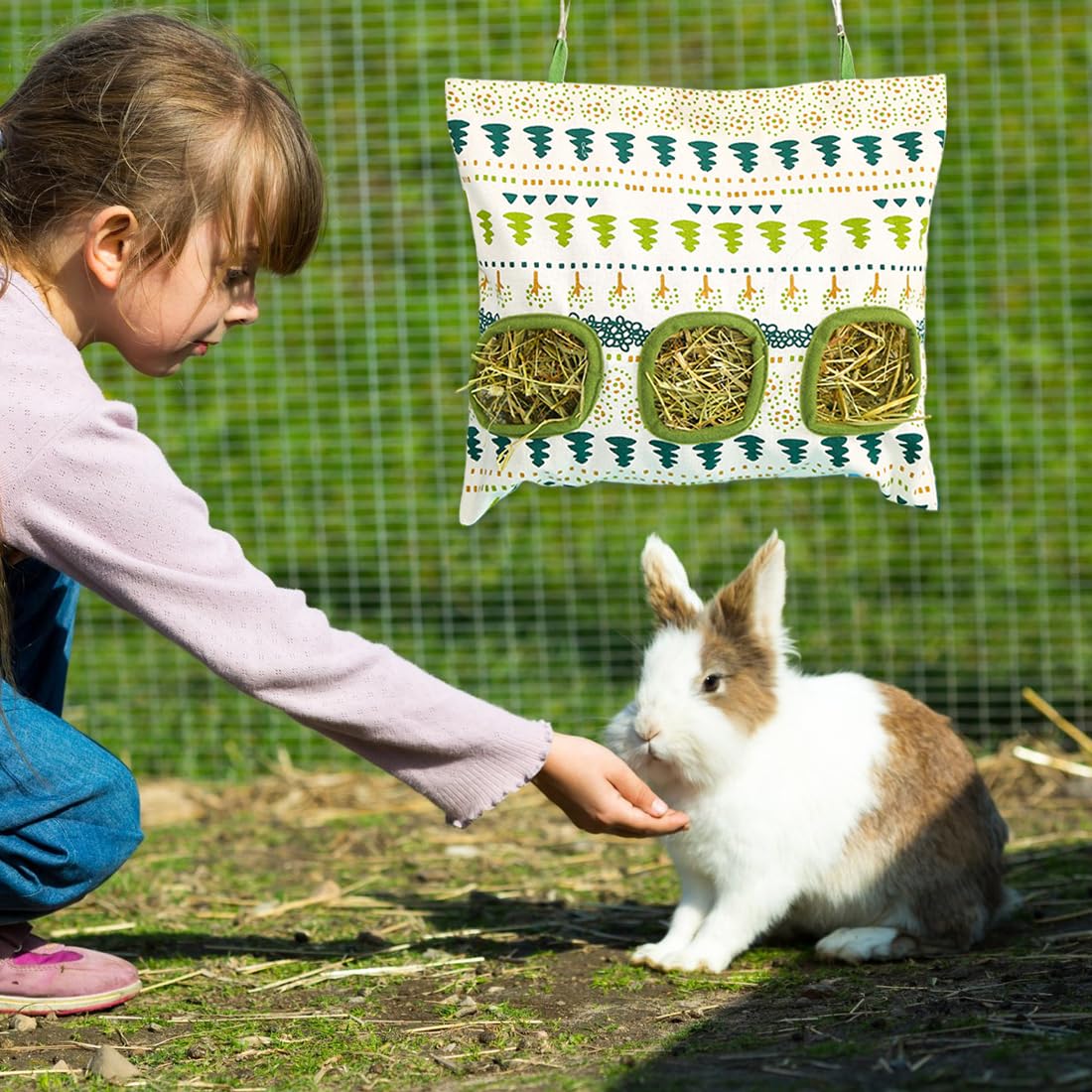 Sac à Foin Suspendu Râtelier Foin Lapin Filet à Foin 3 Trous pour Cochon d'Inde Chinchilla Hamster Petits Animaux