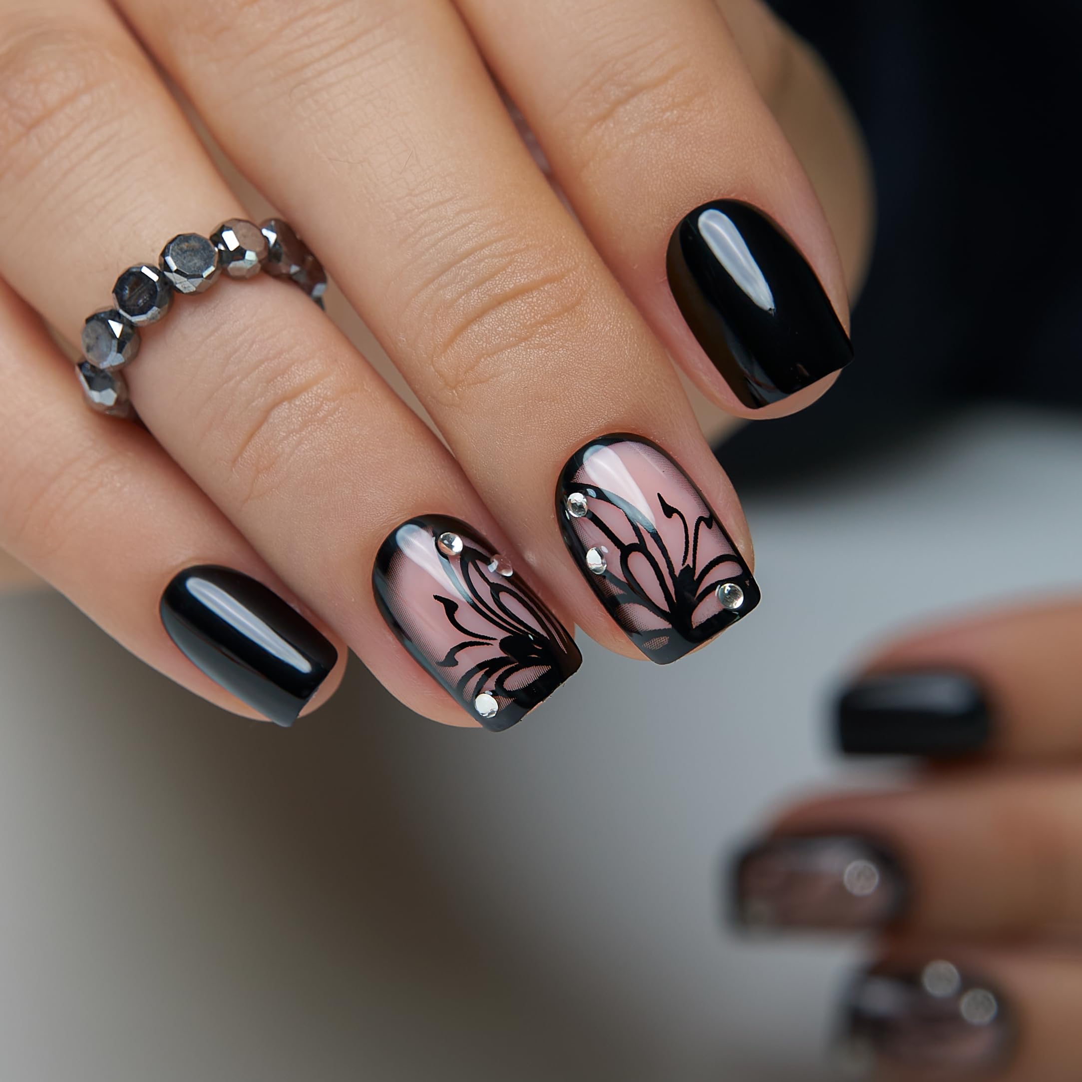 Amazon.com: CurvLife Black Press On Nails Short Square, Rhinestone Swirl  Design Soft Gel Acrylic Stick On Nails Tips, Salon Quality Glue On False  Nails Kit for Women : Beauty & Personal Care