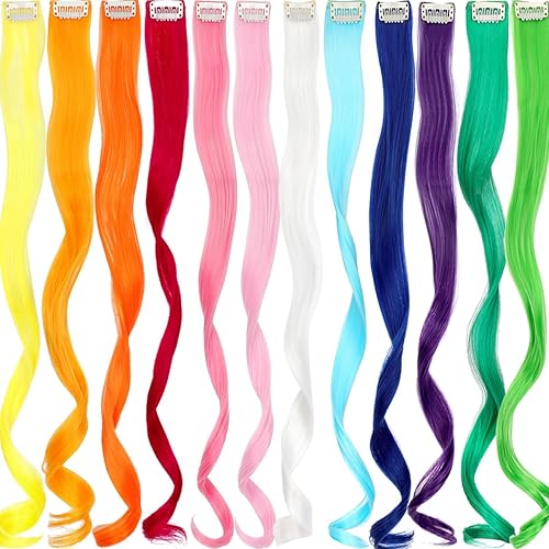 Miniatura 3 de Extensiones de cabello sintético ondulado con clip de 20 pulgadas, color arcoíris, para mujeres y niñas, regalo multicolor, para fiesta, color azul
