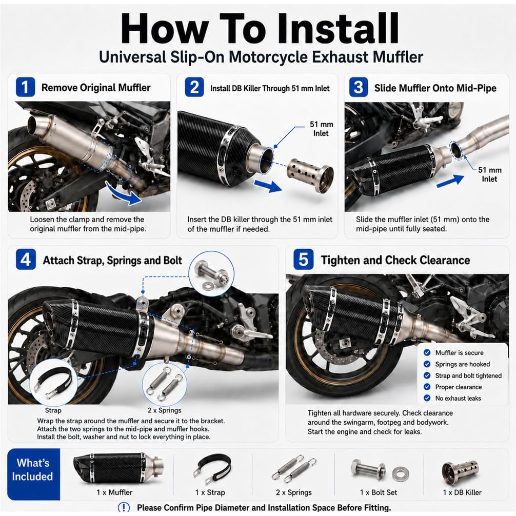 Silenciador de Escape Moto Universal Slip-On 38-51 mm | Kit Estilo Fibra de Carbono con DB Killer Extraíble , Cuerpo de Acero Inoxidable para Moto, Scooter, ATV y Quad