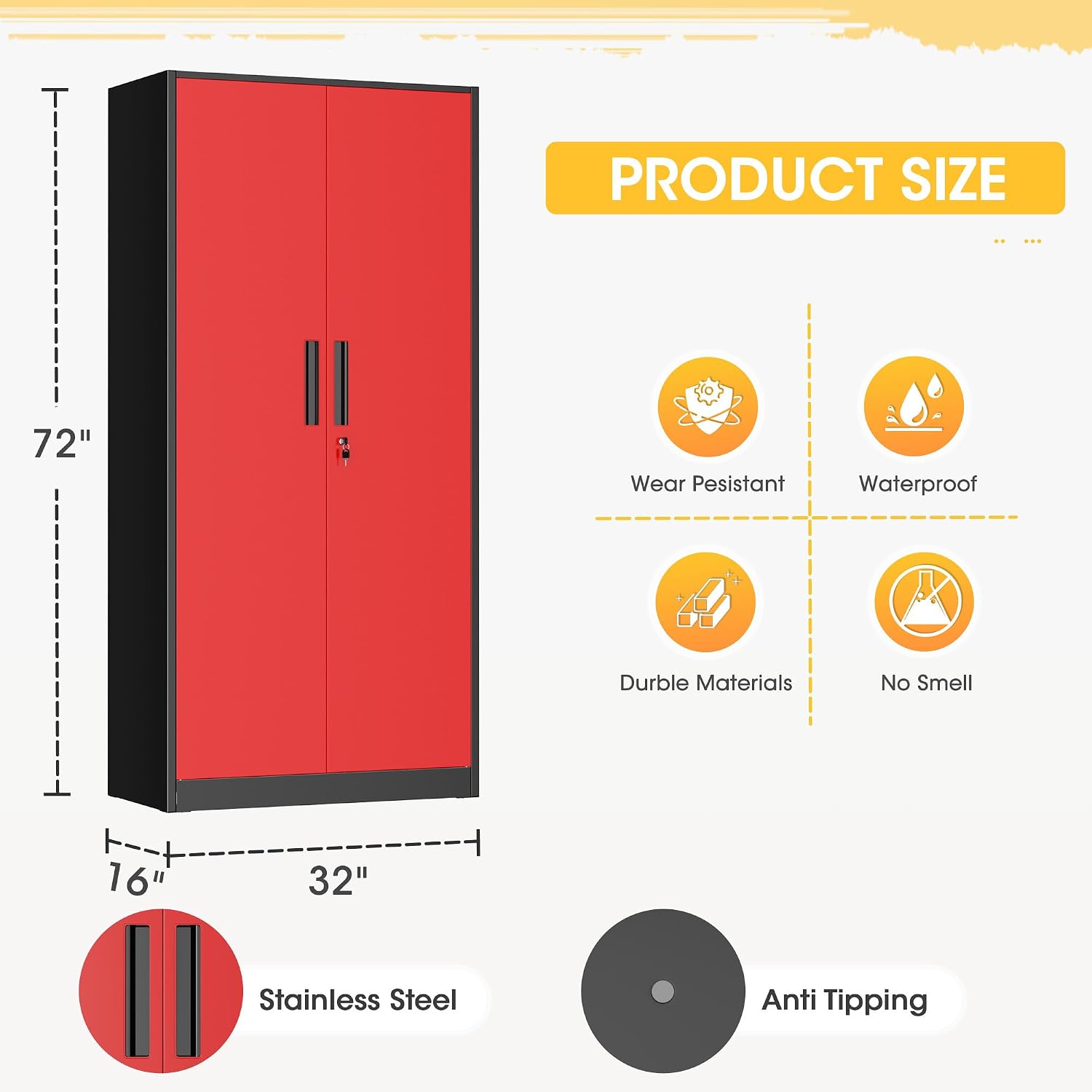 Product size diagram showing dimensions 72 inches high, 32 inches wide, 16 inches deep, with icons for wear resistance, waterproof, durable materials, no smell, stainless steel handles, and anti-tipping feature.
