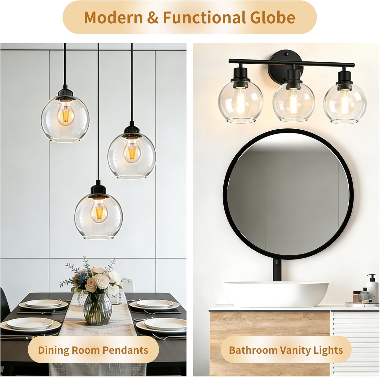 6.5" Clear Glass Globe Lampshade, Lip-less Light Fixture Cover with 1-5/8" Fitter, Replacement Shade for Pendant, Vanity Light, Modern Floor Lamp