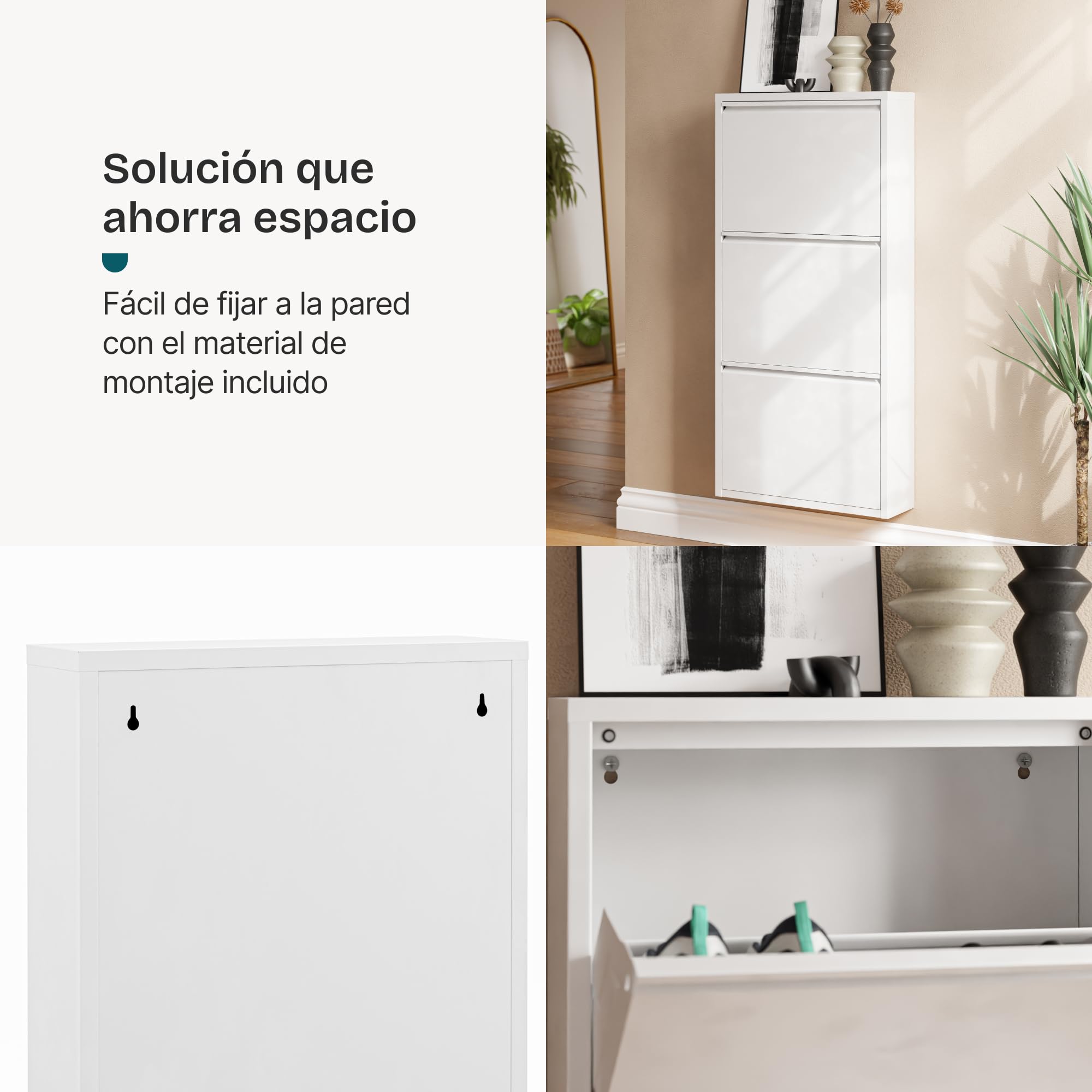 [en.casa] Zapatero de Pared Sokndal Organizador de Zapatos con 3 Puertas para 6 Pares Mueble de Calzados para Entrada Pasillo Metal 104 x 50 x 15 cm - Blanco