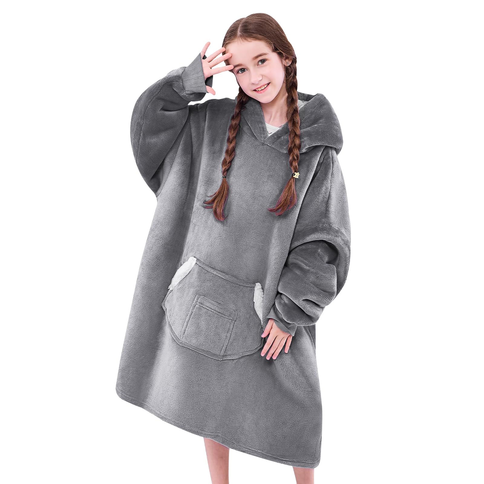 NORD ECO Wearable Blanket Hoodie for Kids, Blanket Hoodie For Kids With Hood And Pocket, Sherpa Oversized Cozy Sweatshirt Blankets As Gifts For Girls Boys Kids (Grey)