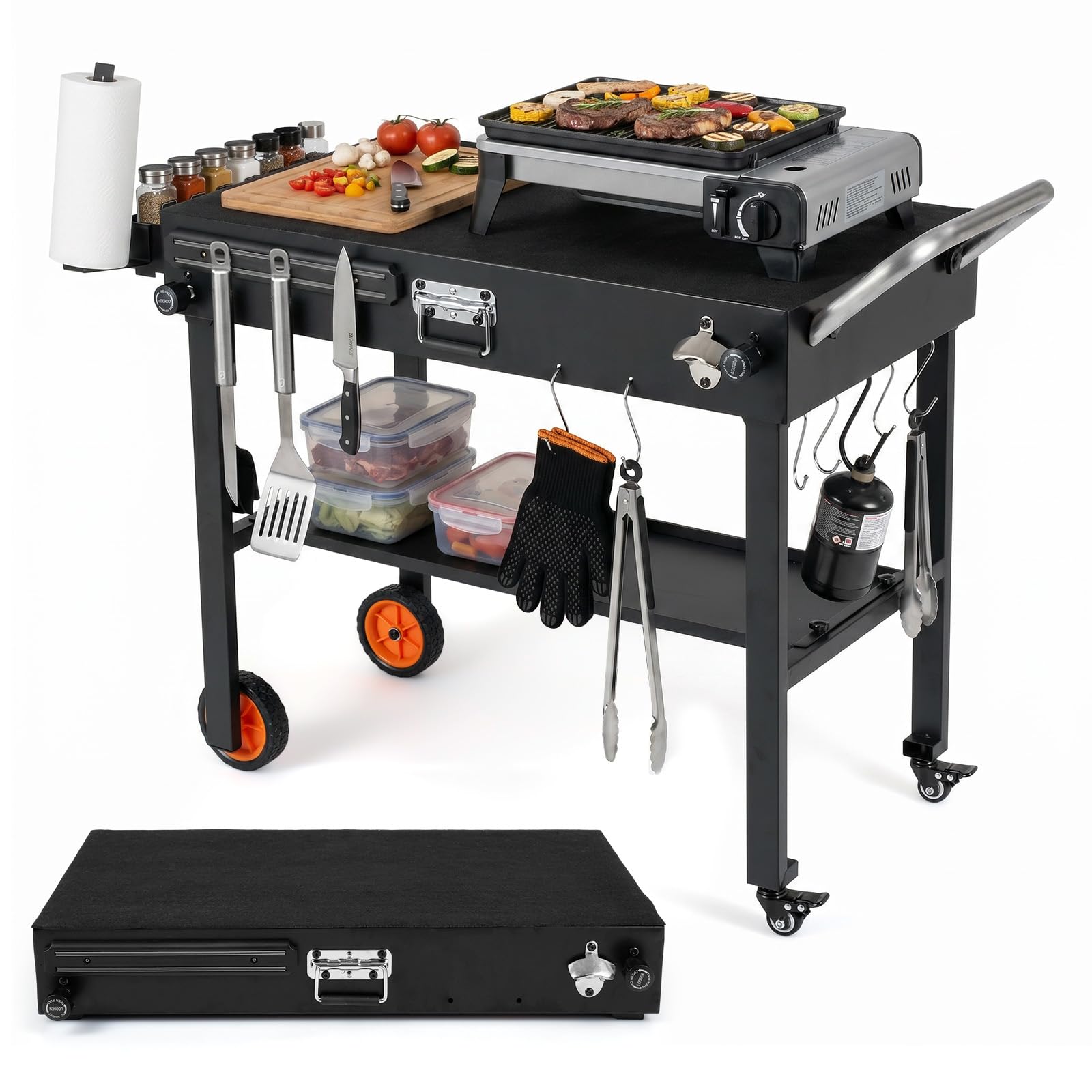 COSTWAY Portable Grill Table, Folding Grill Cart BBQ Prep Table with Heat-Resistant Mat, Magnetic Knife Holder & Wheels, Heavy-Duty Pizza Oven Stand Outdoor Kitchen Unit (104 x 52 x 81 cm, 1 Shelf)