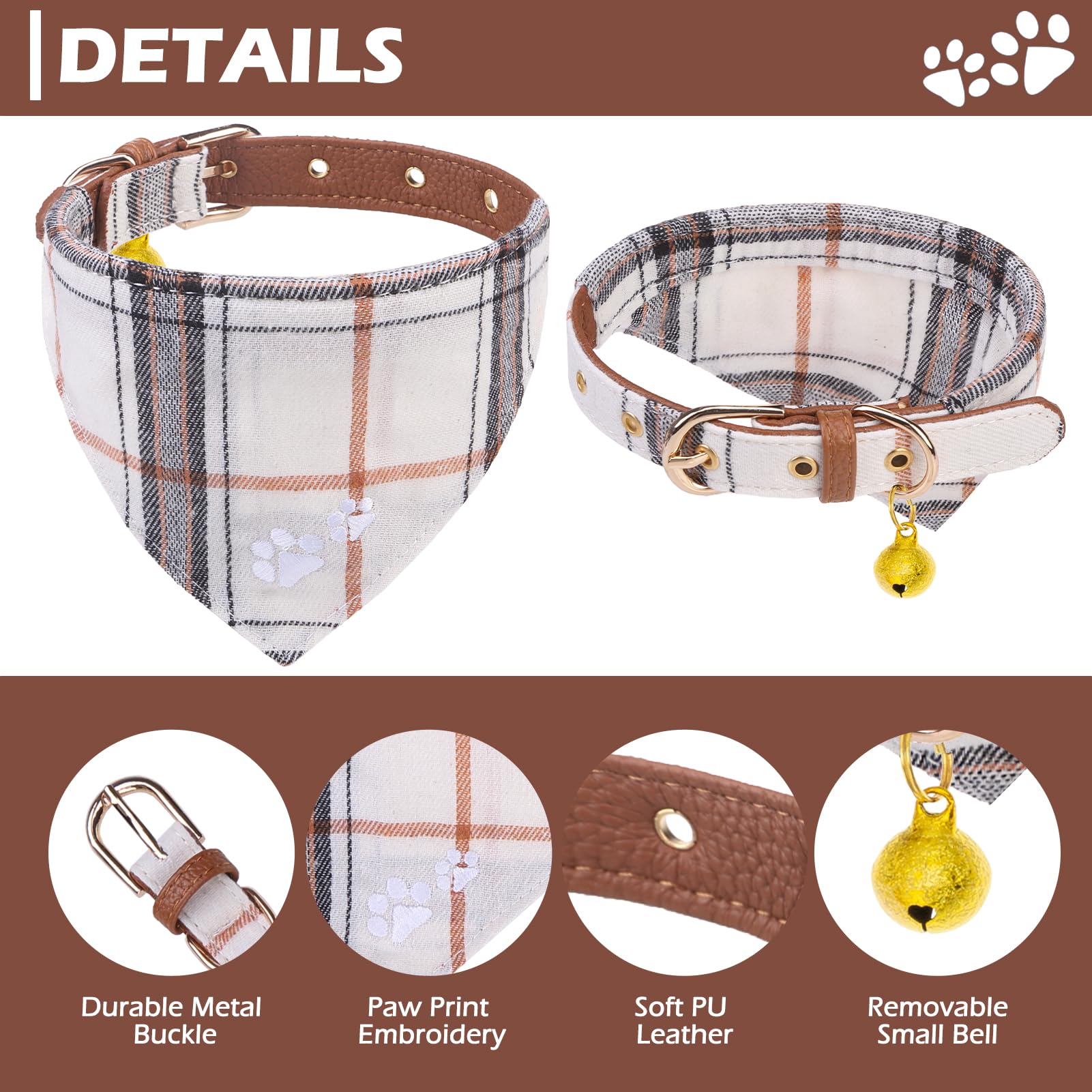 EXPAWLORER Dog Collar and Lead Set, Plaid Puppy Collar and Lead Embroidery Pawprint, Cute Pet Bandana Neck Decor with Bell - Image 4