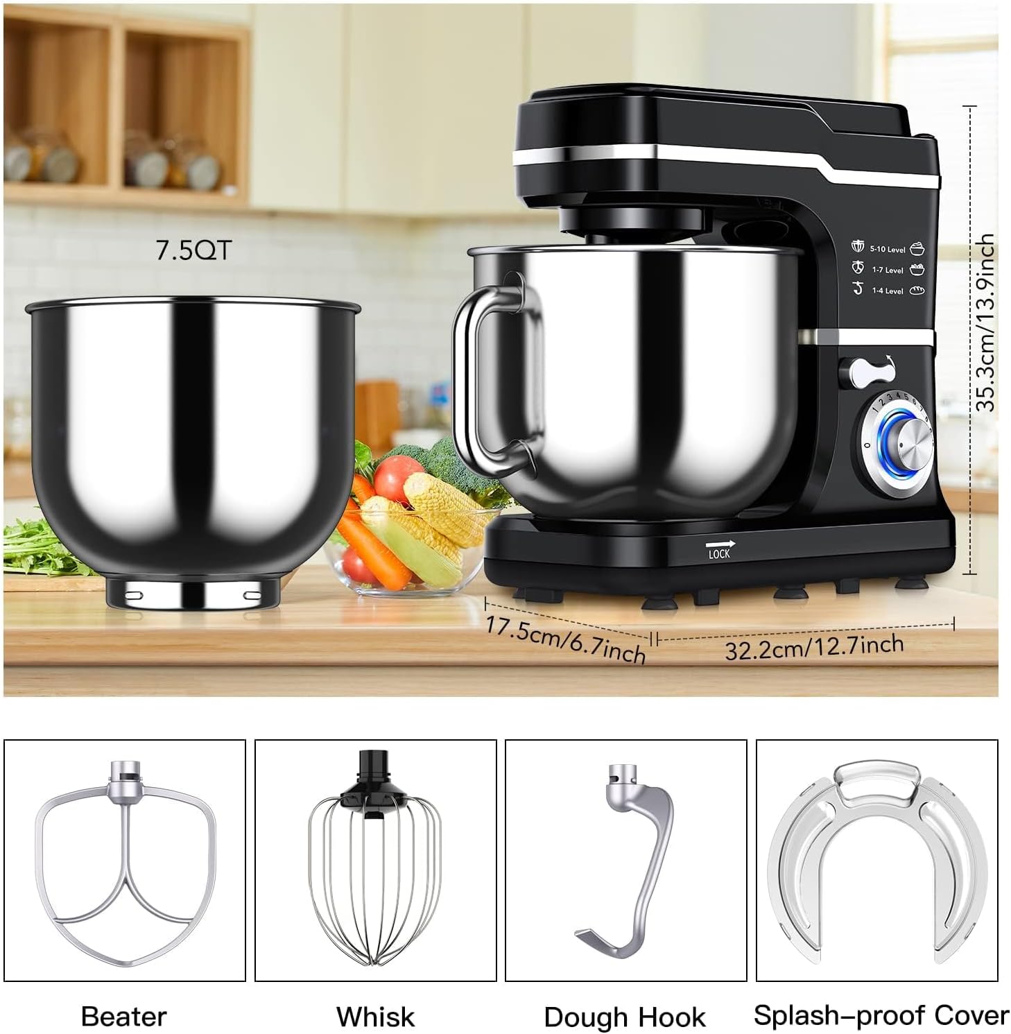 7.5QT Kitchen Stand Food Mixer, 10-Speed Tilt Head Portable Kitchen Mixer with Stainless Steel Bowl, Egg Whisk, Dough Hook, Beater, Splash Guard, Compact Dough Mixer for Baker, Beginners