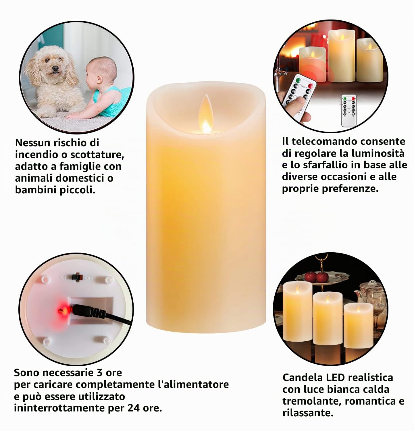 Candele LED Ricaricabili con Telecomando - Candele Senza Fiamma con Timer, Effetto Tremolante, Ideali per Decorazioni Festive - 7.5 x 10 cm