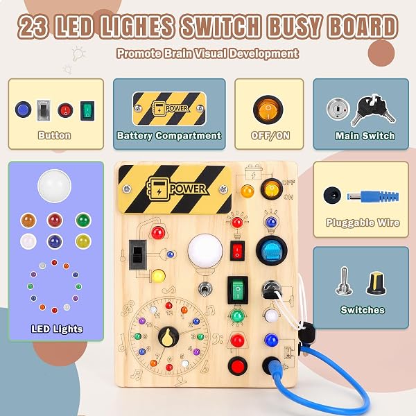 Busy Board Montessori Spielzeug ab 1 Jahr Holz Motorikspielzeug Activity Board Sensorik Lernspielzeug mit 10 Schaltern und 23 LED-Lichtern für Kleinkinder Geschenk für Jungen Mädchen 1 2 3 Jahre - 2