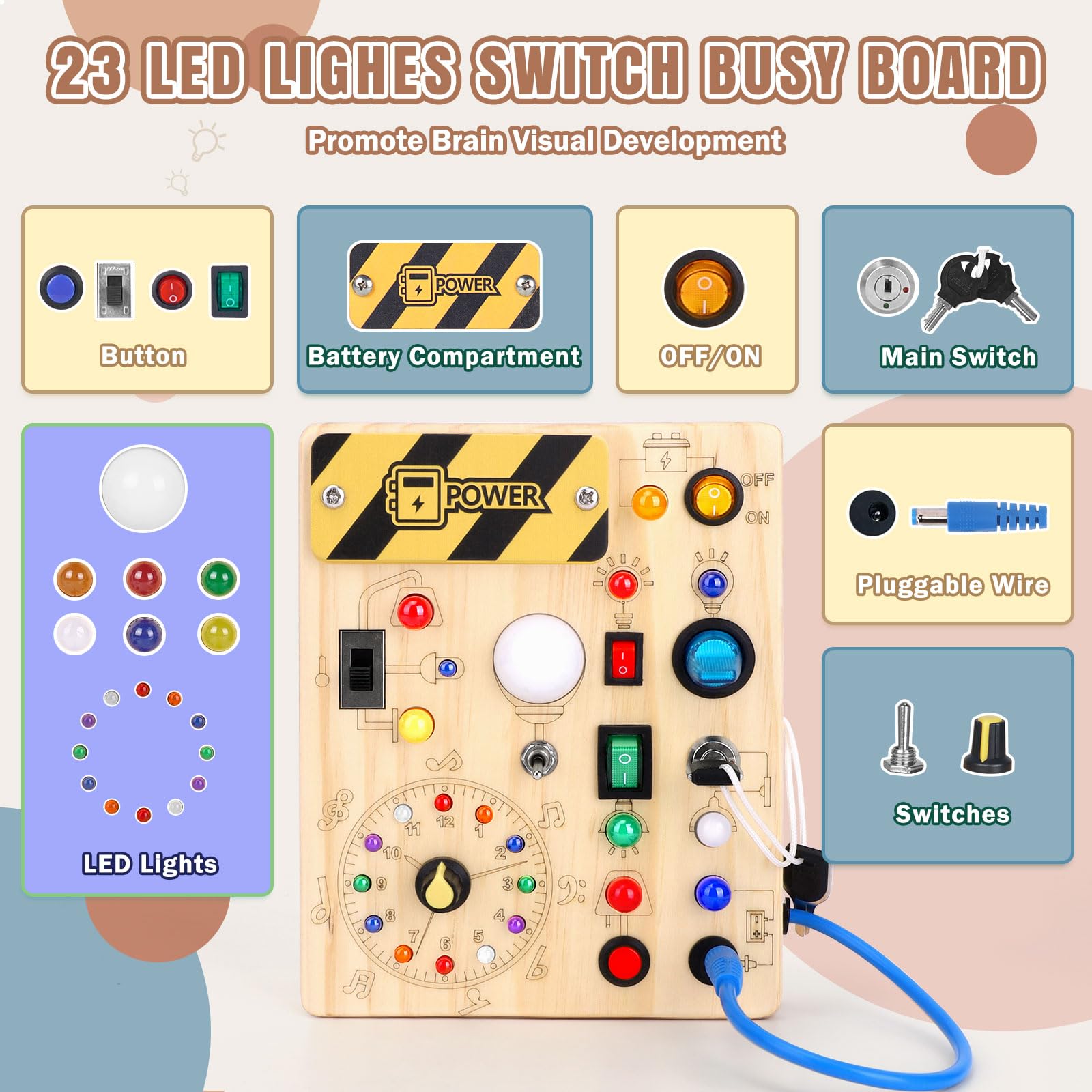 Busy Board Montessori Spielzeug ab 1 Jahr Holz Motorikspielzeug Activity Board Sensorik Lernspielzeug mit 10 Schaltern und 23 LED-Lichtern für Kleinkinder Geschenk für Jungen Mädchen 1 2 3 Jahre - 3