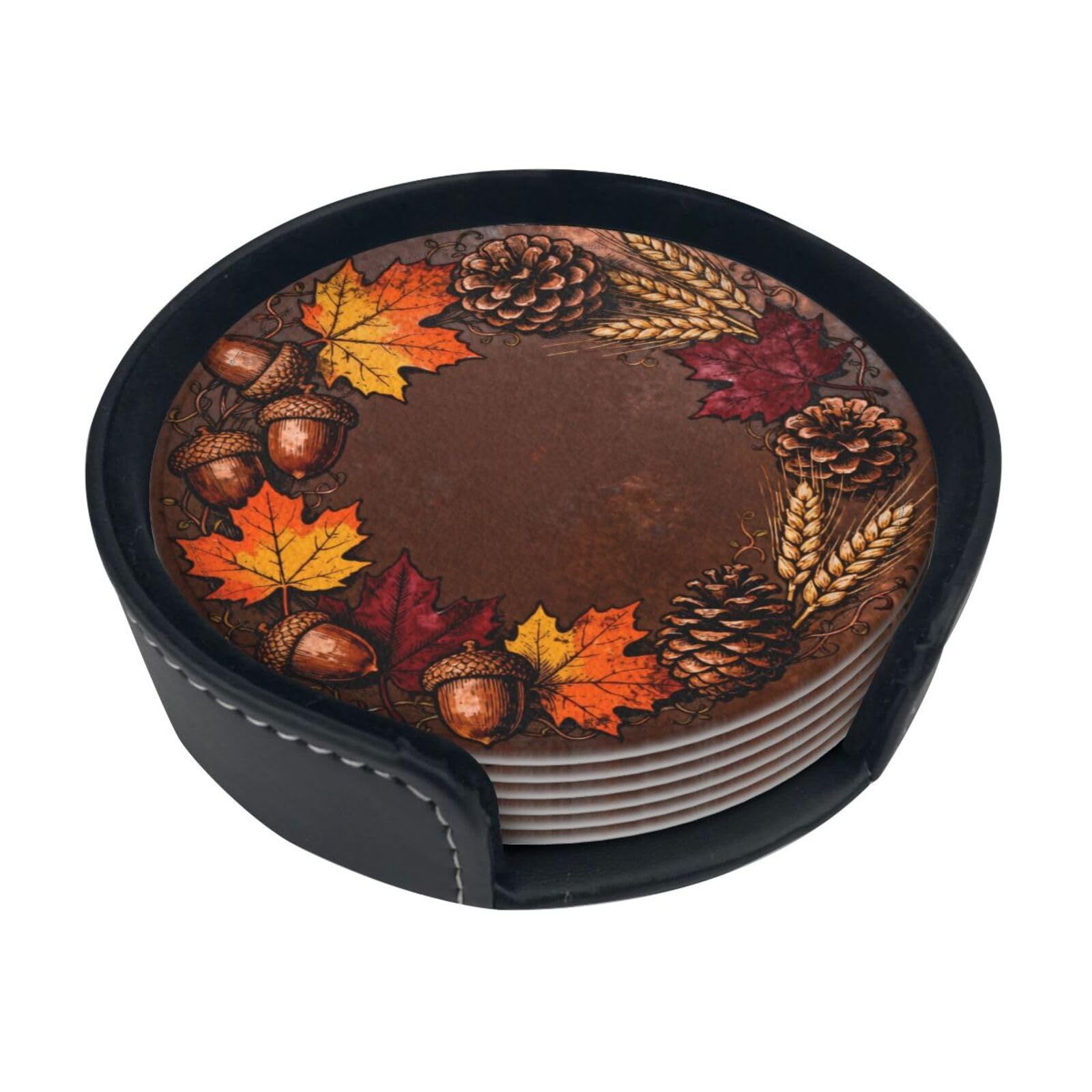 Cntdbu White Autumn Wreath Leather Coasters Set Of 6-Pu Leather Drink Mats For Table, Heat Resistant Round Coasters With Holder