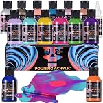 OPHIR Kit de peinture en acrylique métallisé, ensemble de 8 Couleurs métalliques, 2 Noir, 2 Couleurs blanches, Versoirs de peinture pré-mélangé, Prêt à Verser Peinture acrylique pour Toile, Papier, Roches, Bois, Verre