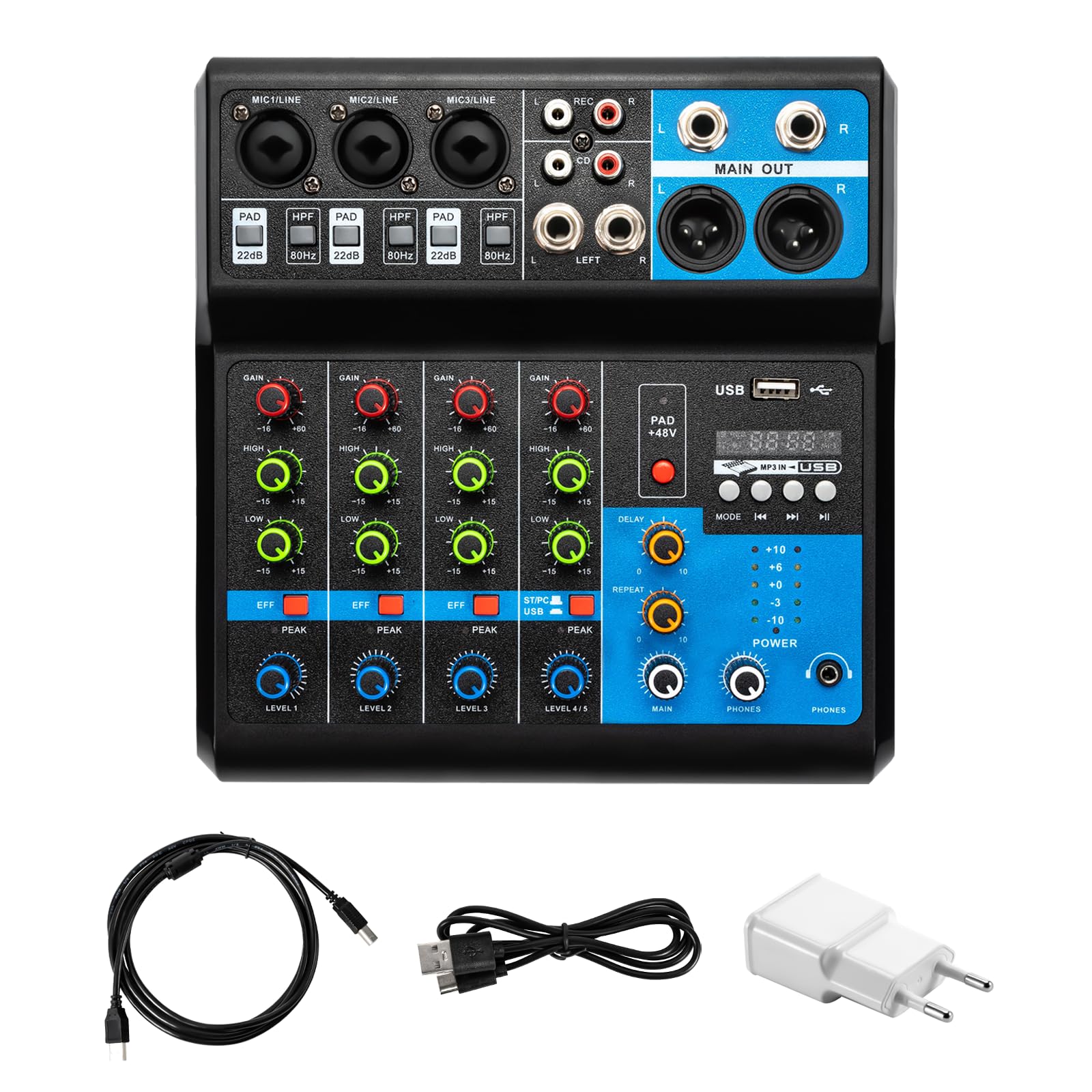 Mixeur audio, table de mixage DJ, 5 canaux, console de mixage, USB, Bluetooth, son stéréo, console de mixage, mixeur, mixeur, 48 V, alimentation fantôme