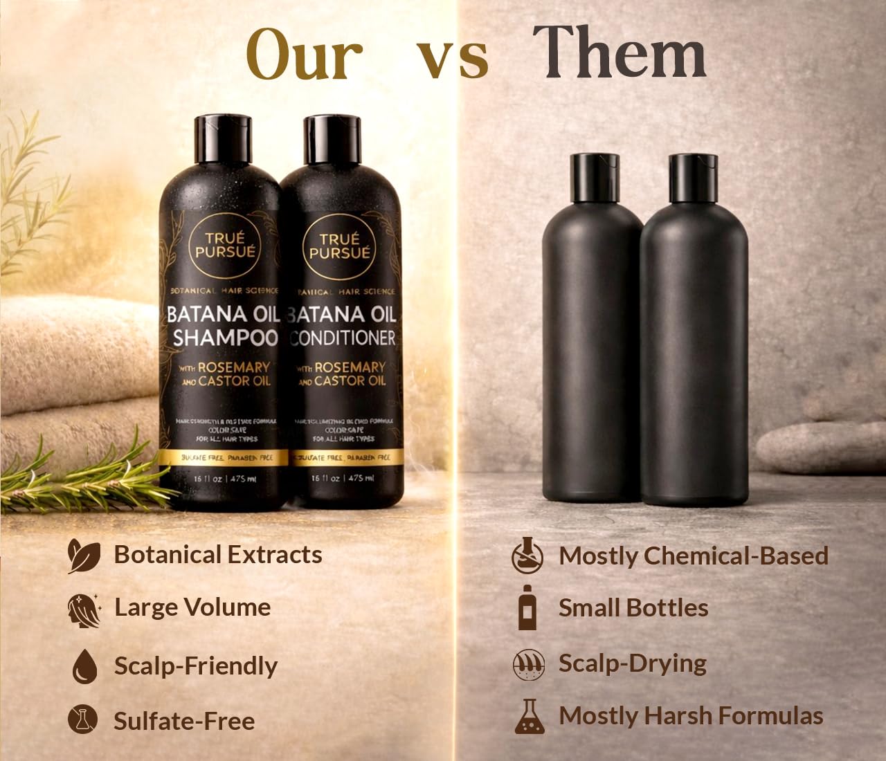 Batana Oil Shampoo & Conditioner Set for Men & Women with Rosemary & Castor Oil – Hair Growth Support & Sulfate-Free Hair Strengthening Care for Dry Damaged & Thinning Hair – 16 fl oz Each TRUÉ PURSUÉ