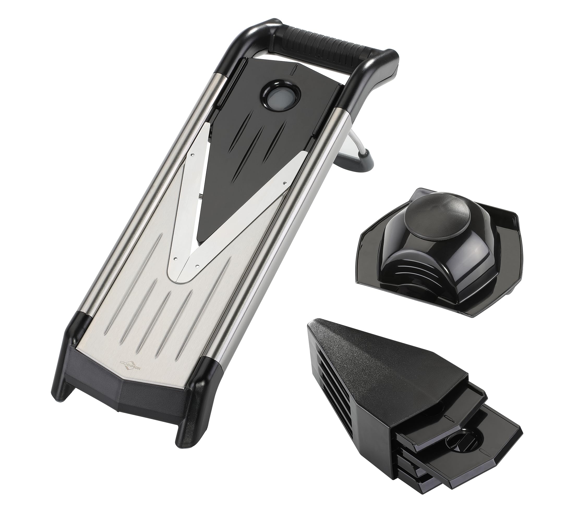 KÜCHENPROFI Gemüsehobel PROFESSIONAL, Edelstahl rostfrei und Kunststoff, 5 Schneideinsätze, Stifte 3/7 mm, Scheiben 1,5/2,5/3,5 mm, rutschfeste Füße, Restehalter, Gemüseschneider manuell