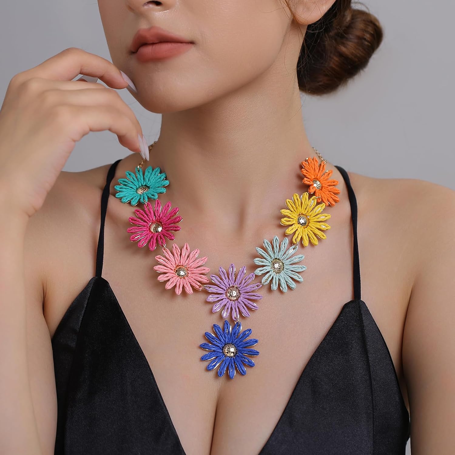 Handmade Raffia Flower Necklace for Women, Y-Shape Colorful Boho Tropical Pendant Statement Necklace - Image 2