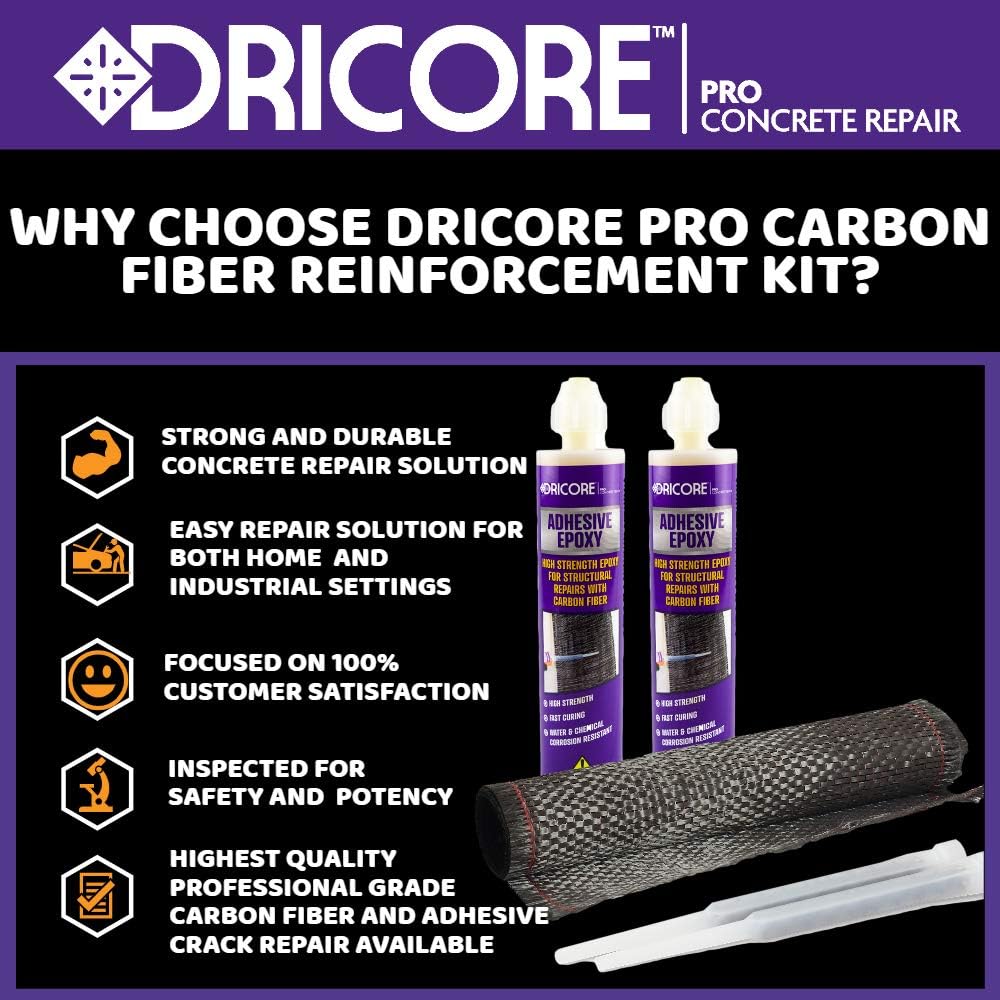 DRICORE PRO Concrete Repair Carbon Fiber Reinforcement Kit (Step Three) | Use Reinforcing Strip With Adhesive To Seal Vertical Indoor and Outdoor Cracks in Home Wall Basement Building Office Workplace