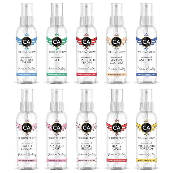 CA Perfume Spray Top 10 For Women (Bright Crystal + Light Blue For Her + SiSi + Chancellor Tendre + Madame Couture + Angel + Millionaire for Lady+ Madison Crest + Flowerbloom + Black Opus)