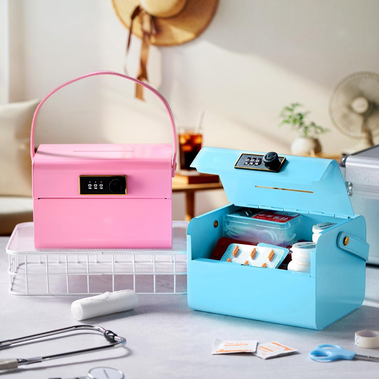 Honeydak 2 Pcs Locked Medicine Box Lockable Storage Box with Code Medication Lockbox for First Aid Kits, Snack Personal Items Home Office Organization Travel Gift (Pink and Blue)