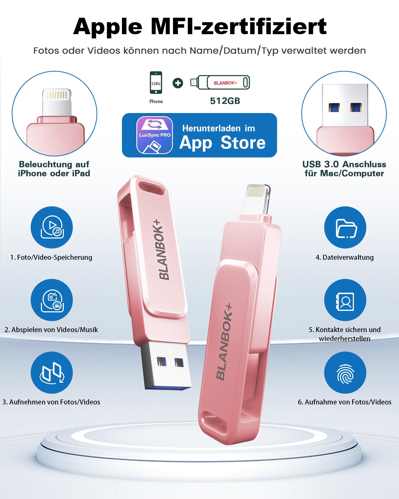 Chiavetta USB per telefoni cellulari, unità flash 3 in 1 per iPhone, iPad, Android e PC, memoria portatile ad alta velocità USB 3.0, stick per backup di foto e dati (Rosa, 512 GB)