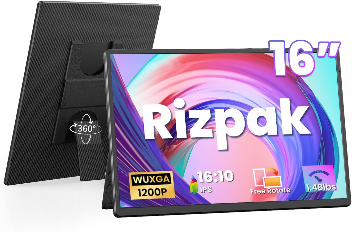 Rizpak 16" Laptop Screen Extender, 1920x1200 IPS Portable Monitor, Borderless Dual Screen Extender with 360° Rotatable Stand, Plug and Play Ultra Slim Travel Monitor for PC, Wins, Switch, PS5