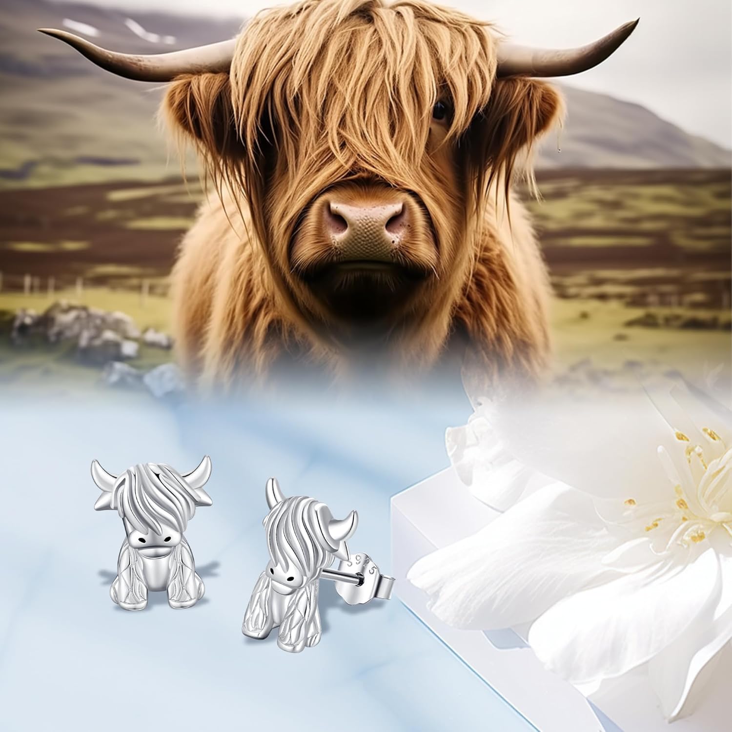 Highland Cow Dangle Stud Earrings 925 Sterling Silver Highland Cow Cute Animal Jewellery Earrings Gifts for Women