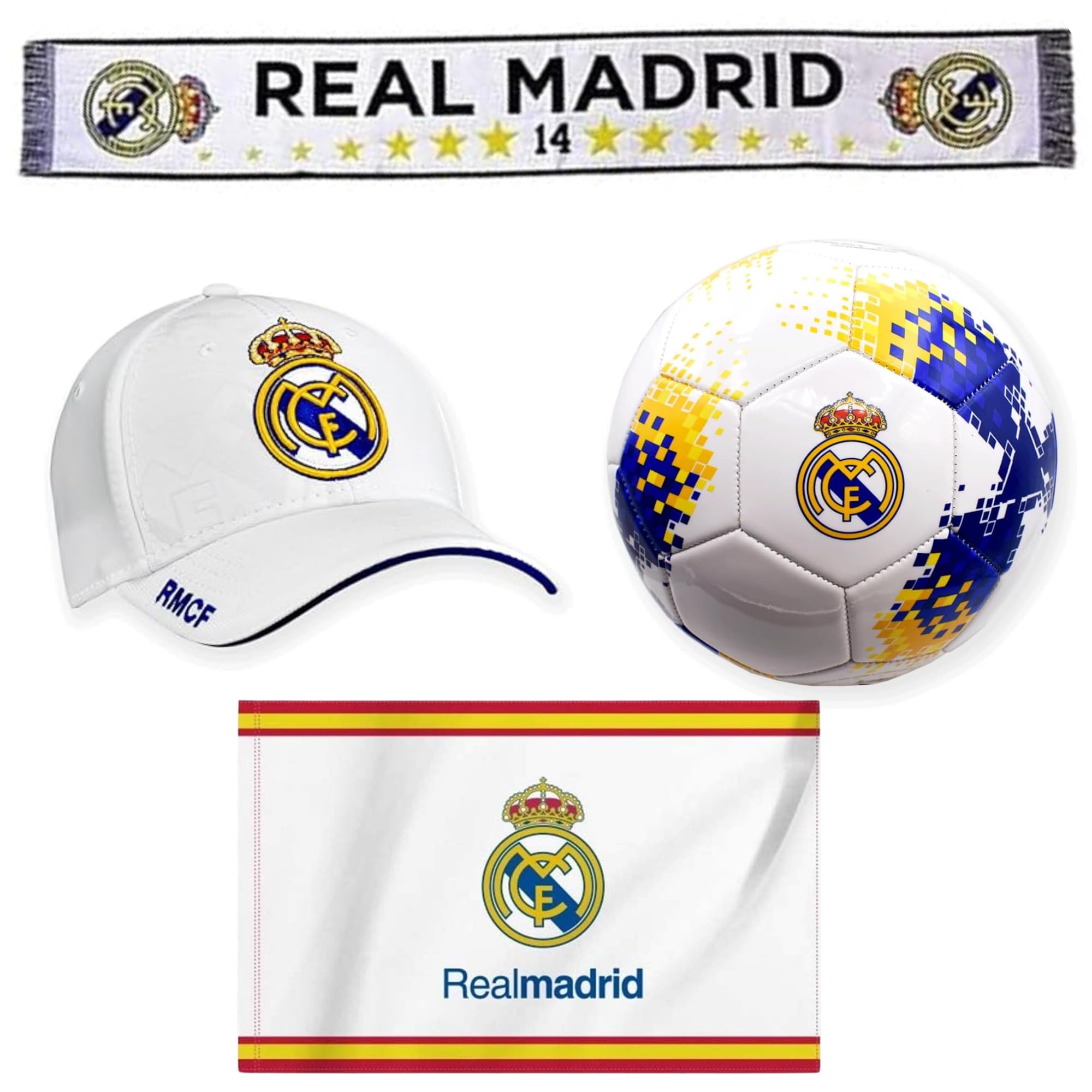 Pack Bandera 150x100 cm, Balón Nº 60, Bufanda y Gorra – ¡Perfecto para Aficionados!