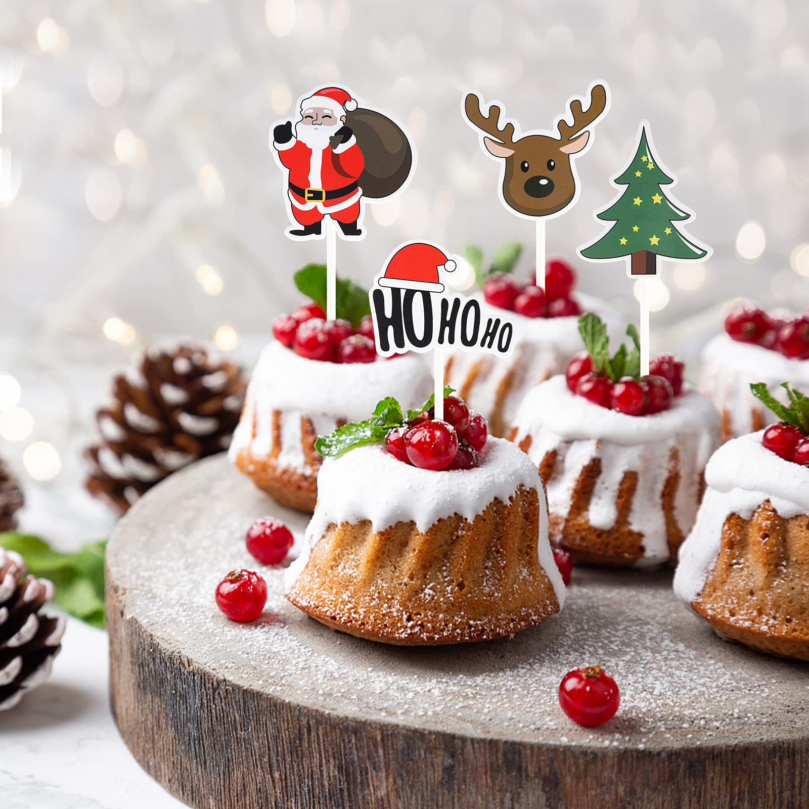 48 Toppers Pour Cupcakes Noël – Décorations Gâteau, Cure-dents Alimentaire, Motifs Sapin, Renne, Père Noël