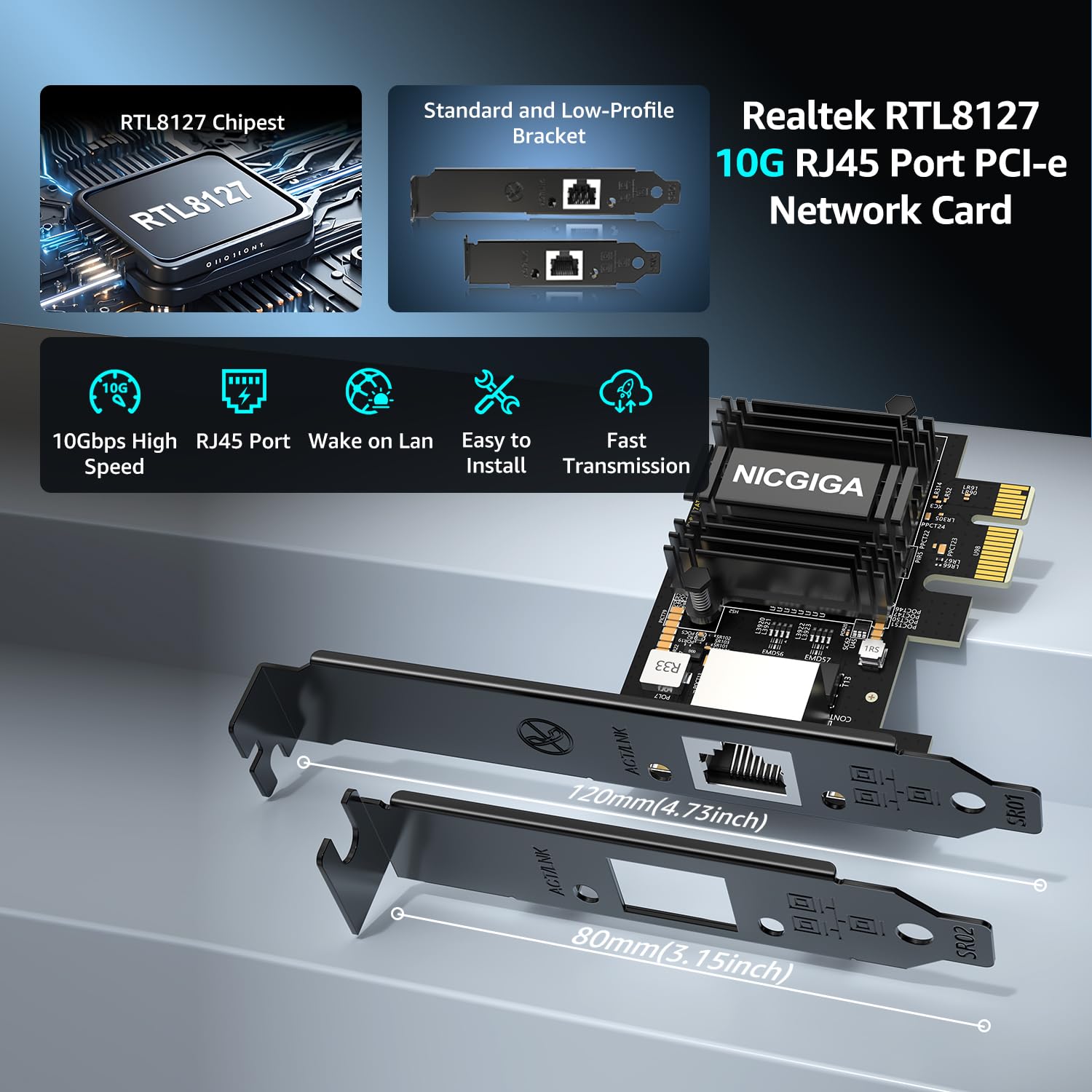 NICGIGA Realtek RTL8127 Carte réseau 10 Go PCIe 4.0 x1, adaptateur Ethernet multi-Gigabit 10G/5G/2.5G/1G RJ45 LAN NIC, prend en charge Windows 10/11/serveur, Linux, NAS, support à profil bas