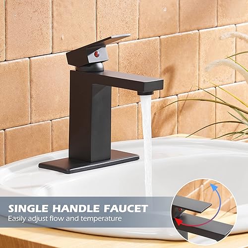 Miniatura 5 de BWE Grifo de baño negro de un solo agujero, moderno grifo de lavabo de baño con montaje de drenaje desplegable con desbordamiento y línea de