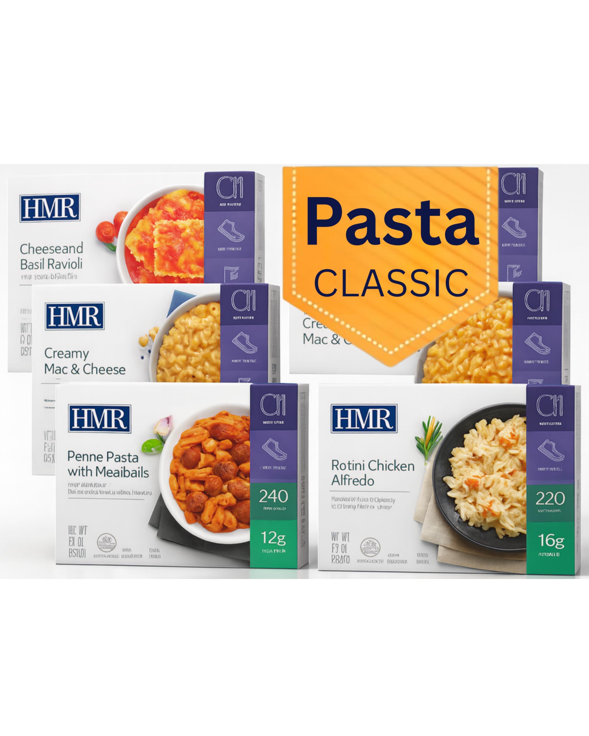 Sponsored Ad - HMR Pasta Classics Entree Bundle 1 ea Penne Pasta w/Meatballs, 1 ea Rotini Chicken Alfredo, 2 ea Cheese & Basil Ravioli, and 2 ea Creamy Mac & Cheese, 7-8 oz, 6 Ready to Eat Meals