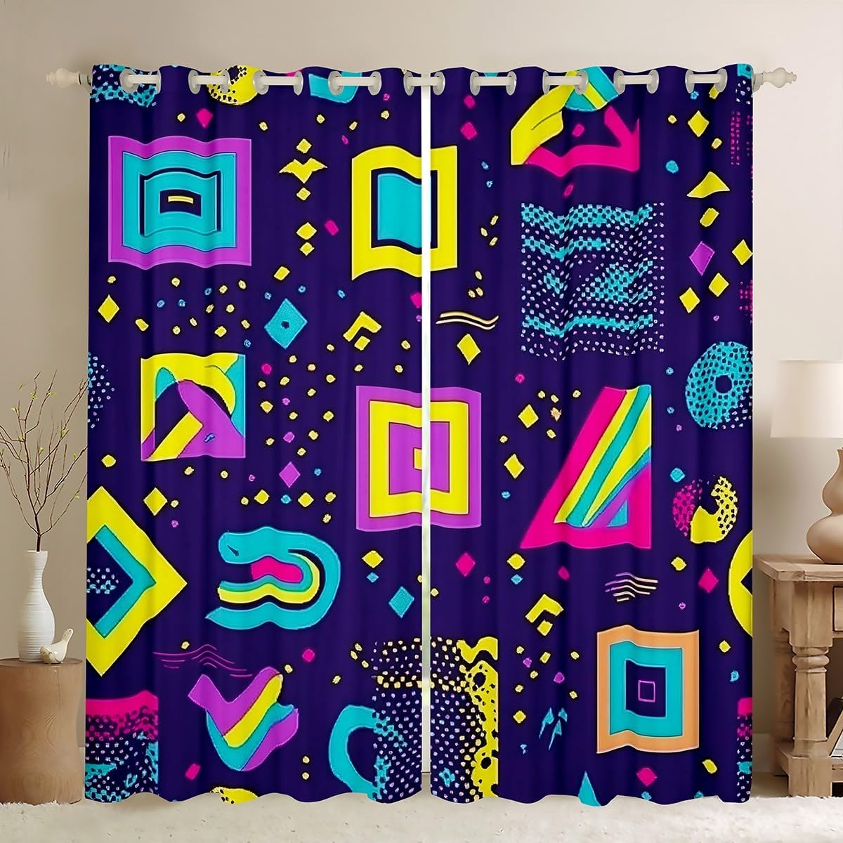 80s 90S Fashion Style Curtains 84"X63",Retro Memphis Style Pattern with Geometrical Shapes Blackout Curtains for Kids Child,Funky Hipster Old Fashioned Curtains & Drapes Geometric Bedroom Decor
