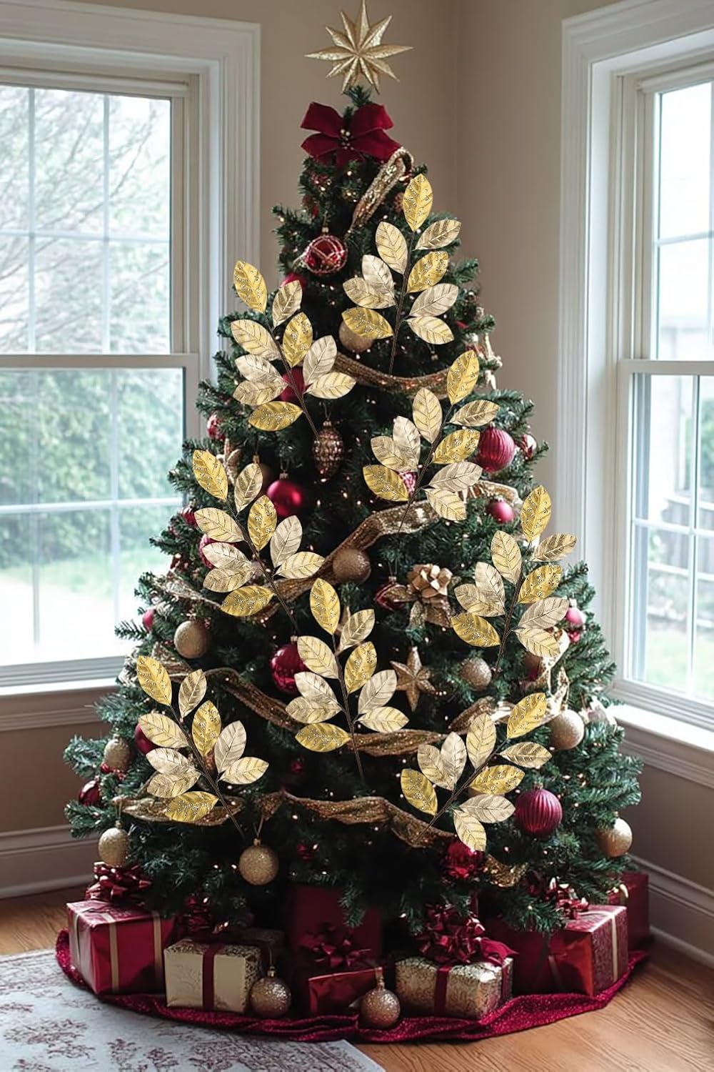 Hollyone 23.6” Christmas Tree Picks and Sprays 3Pcs Champagne Artificial Magnolia Stems Magnolia Leaves Branches Fake Gold Leaf Floral for Vase DIY Xmas Tree Garland Wreath Centerpieces Wedding Decor