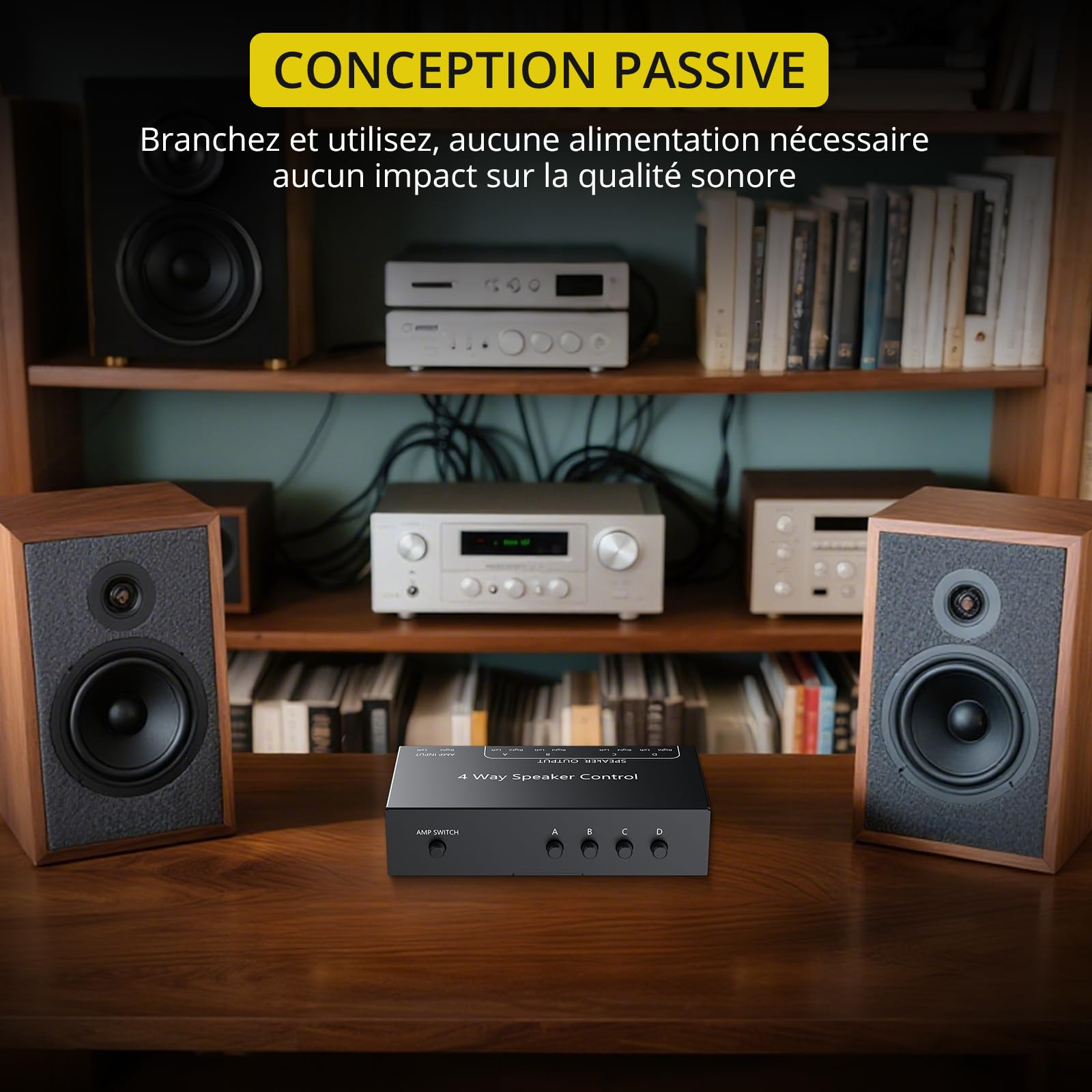 PROZOR Sélecteur Haut-Parleurs 4 Zones Passif 1 Entrée 4 Sorties avec Boutons A/B/C/D et Interrupteur Maître 150W/Canal Bornes à Ressorts pour Maison Commerce